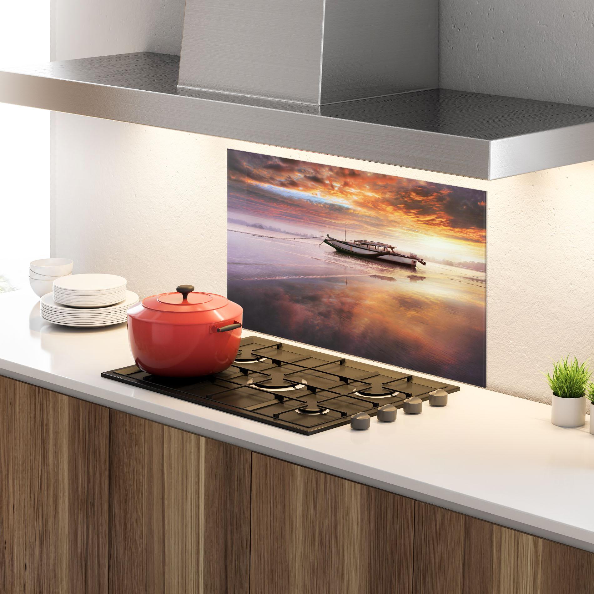 Küchenrückwand Glas Beauty Boat Sunrise mockup 4