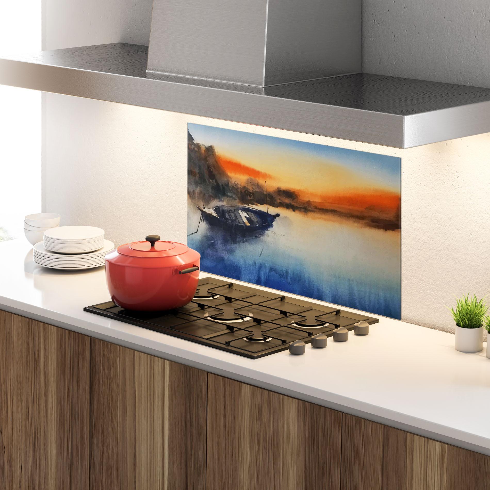 Küchenrückwand Glas Boat Sunset mockup 4