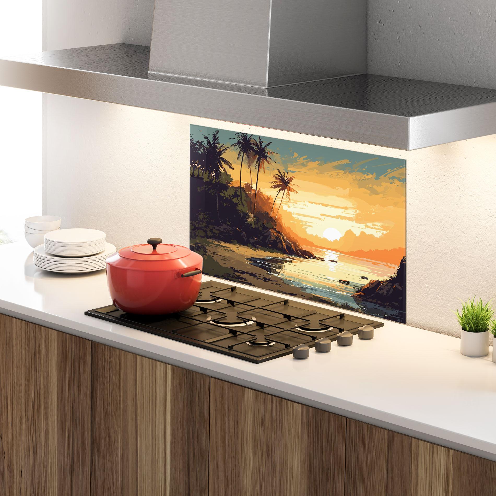 Küchenrückwand Glas Green Yellow Sunset mockup 4