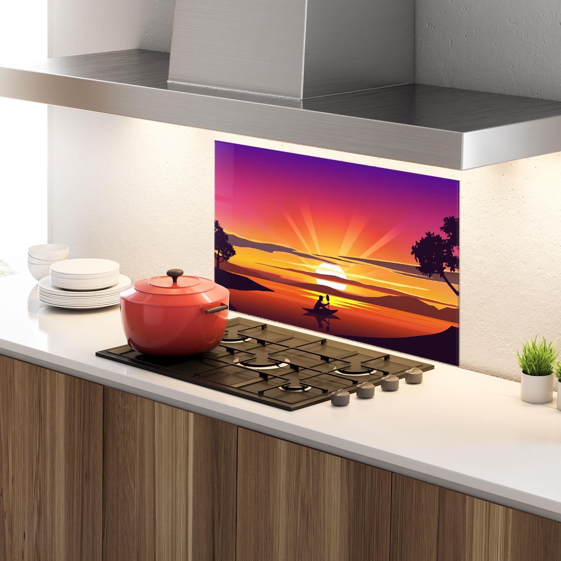 Küchenrückwand Glas Lake Camp Sunrise mockup 4