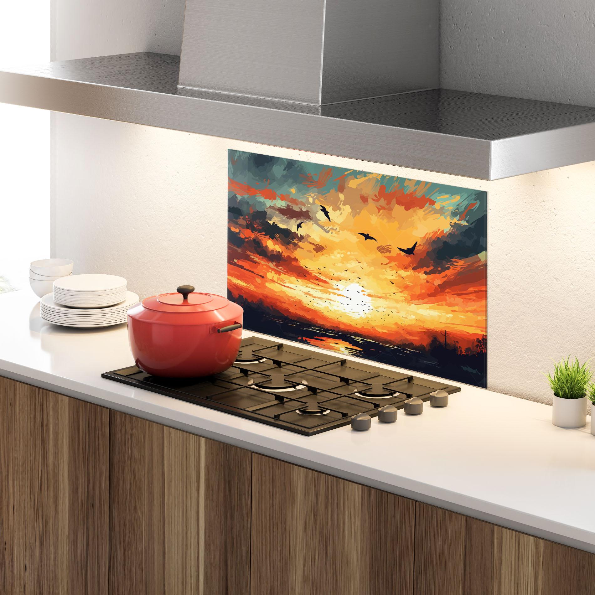 Küchenrückwand Glas Orange Green Sunset mockup 4