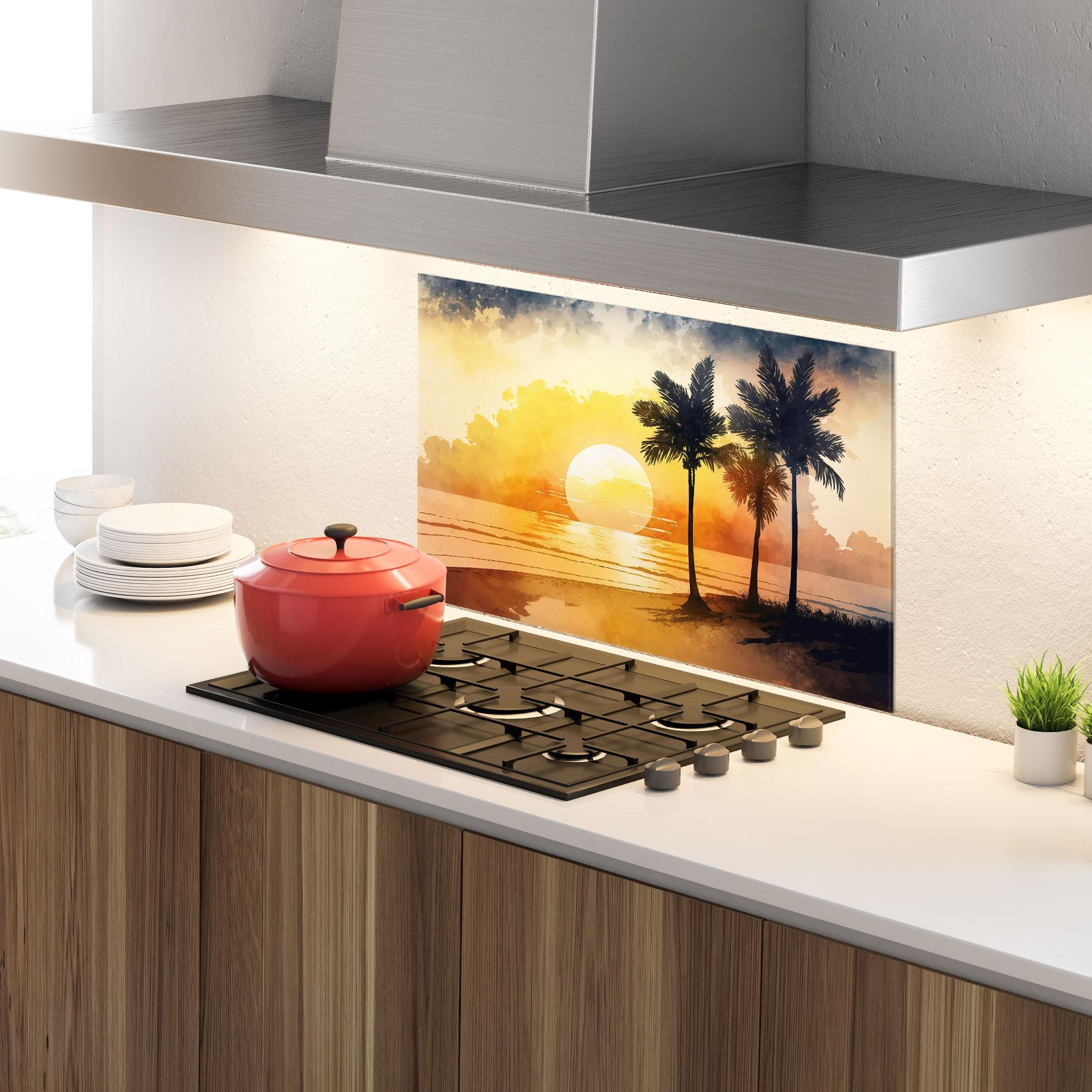 Küchenrückwand Glas Palm Trees Sunset mockup 4