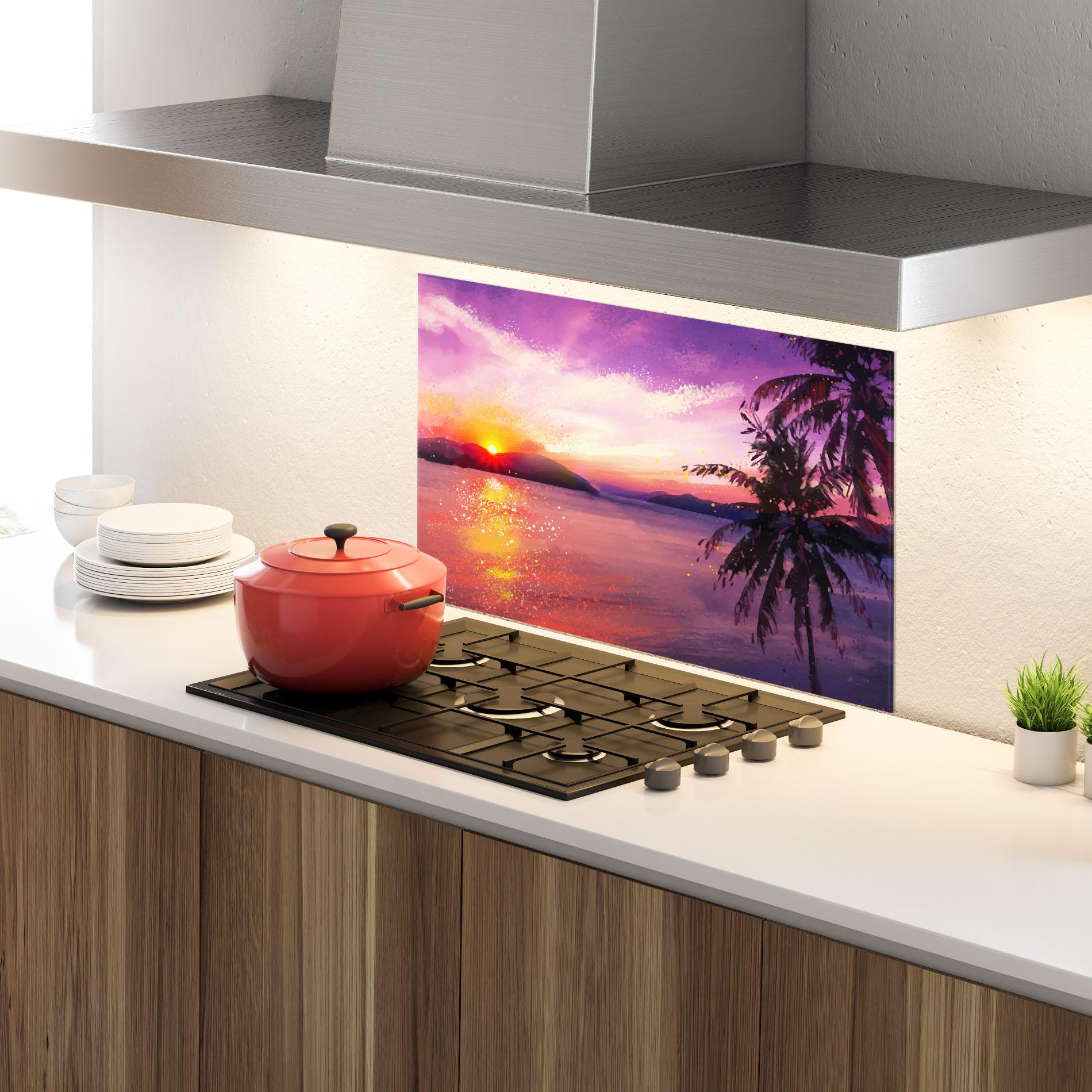 Küchenrückwand Glas Purple Sunrise Art mockup 4