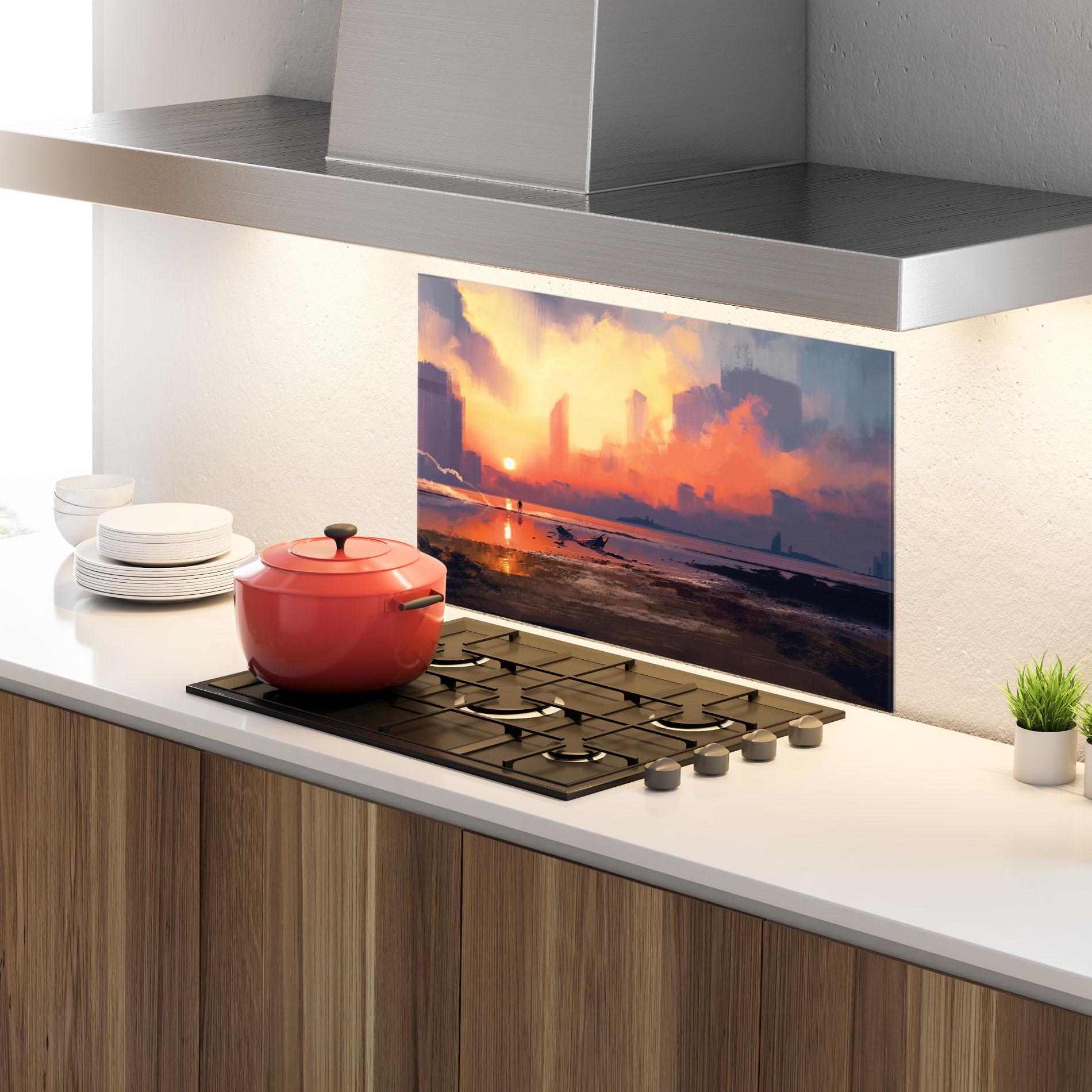 Küchenrückwand Glas Skyscrapers Sunset mockup 4
