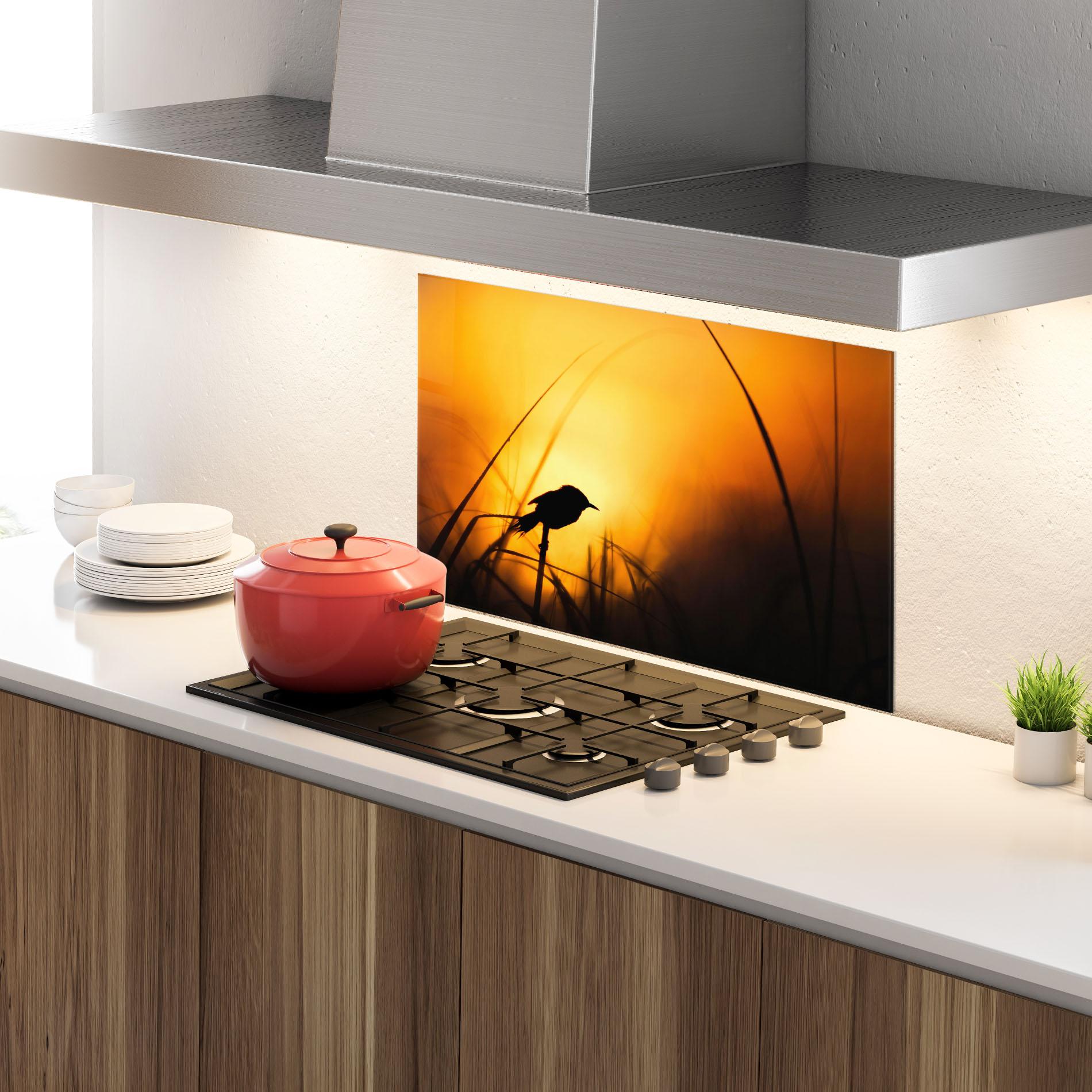 Küchenrückwand Glas Small Bird Sunset mockup 4