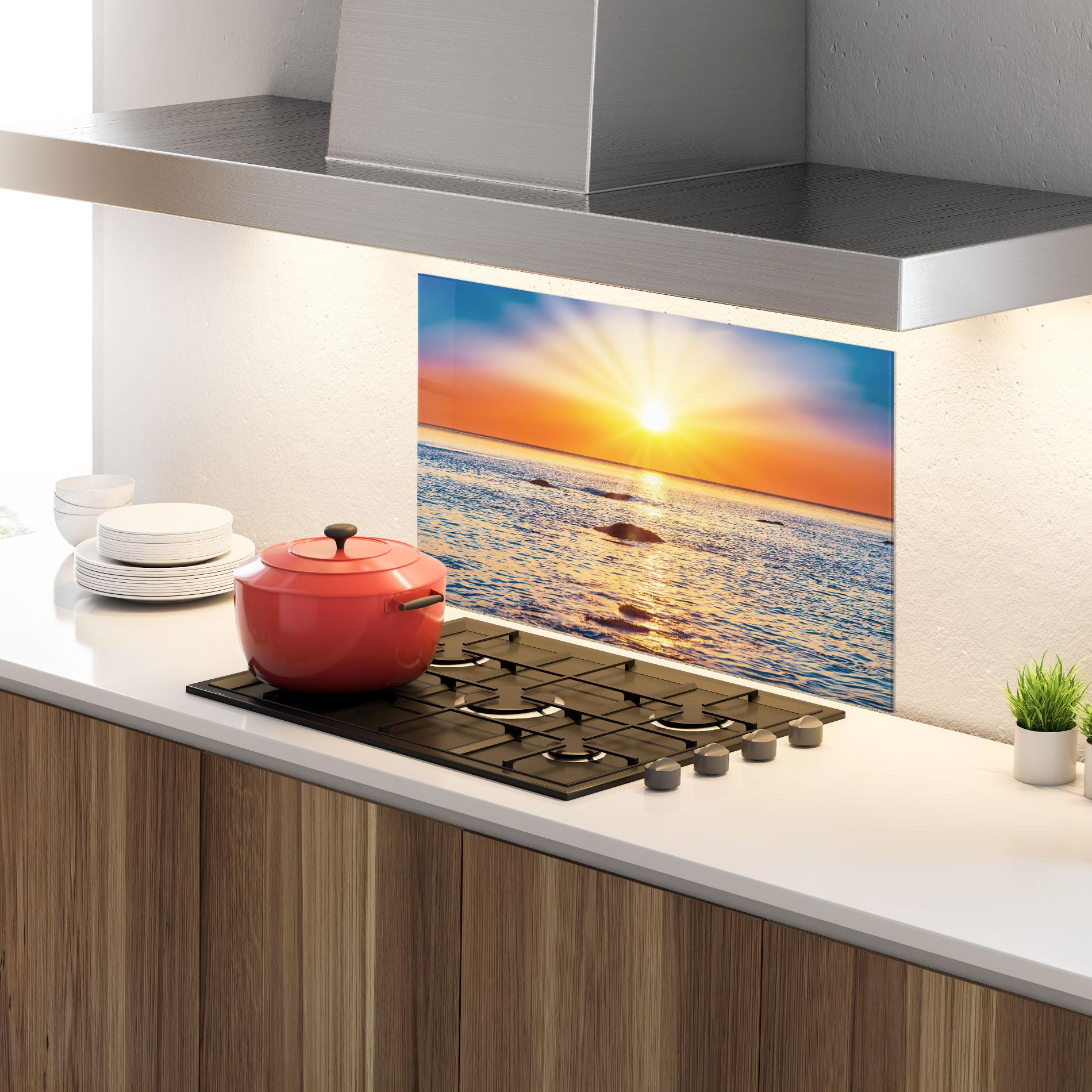 Küchenrückwand Glas Sunset Beach Rocks mockup 4