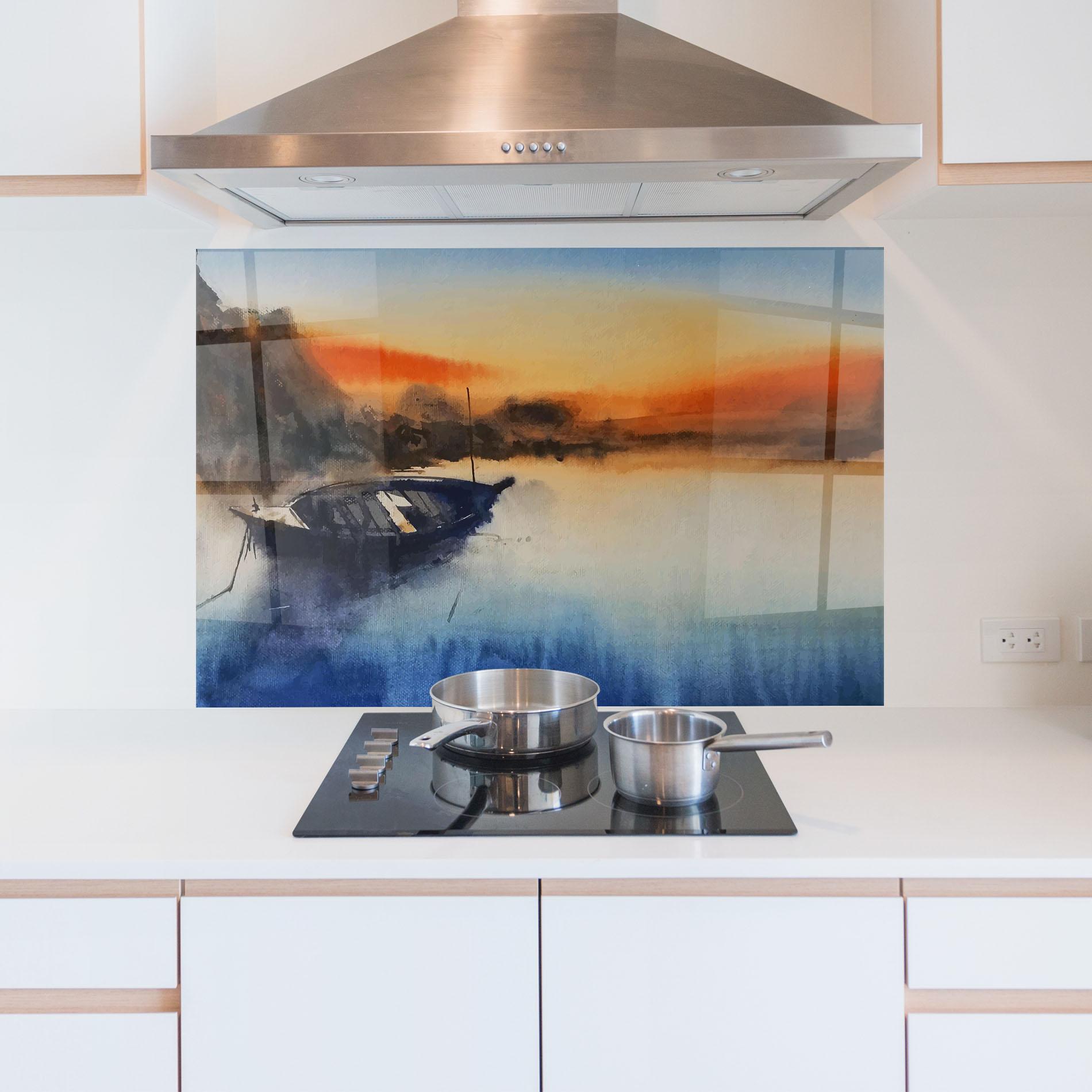Küchenrückwand Glas Boat Sunset mockup 5