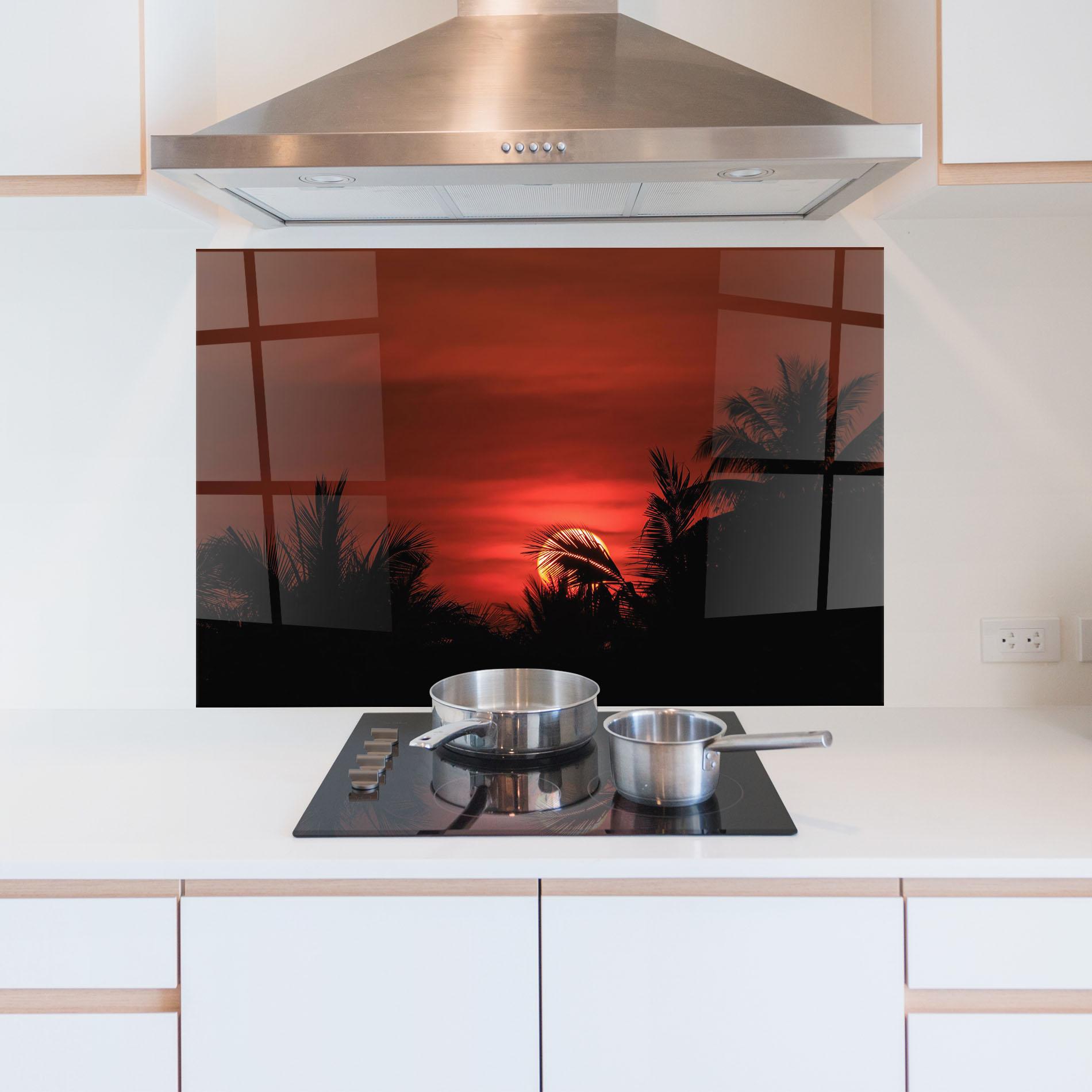 Küchenrückwand Glas Coconuts Tree Sunset mockup 5