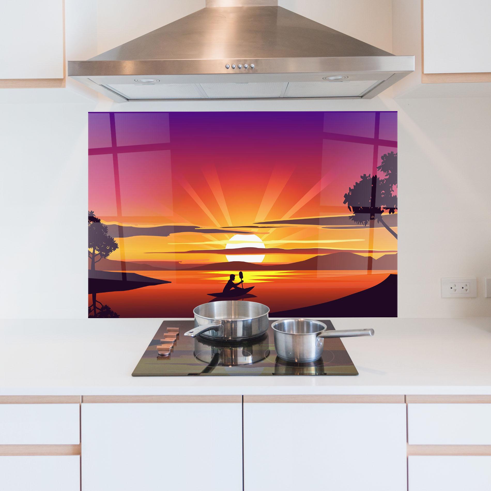 Küchenrückwand Glas Lake Camp Sunrise mockup 5