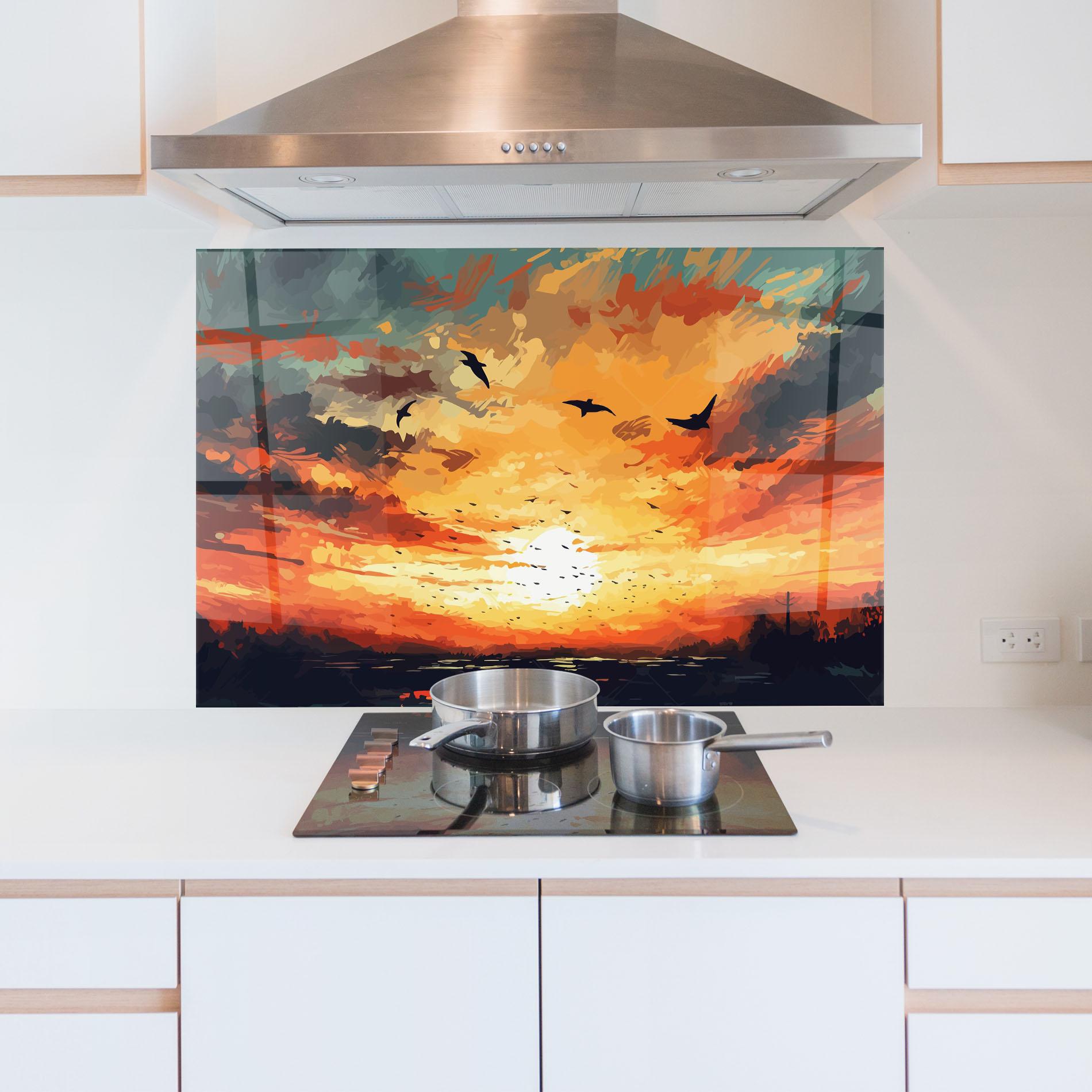 Küchenrückwand Glas Orange Green Sunset mockup 5
