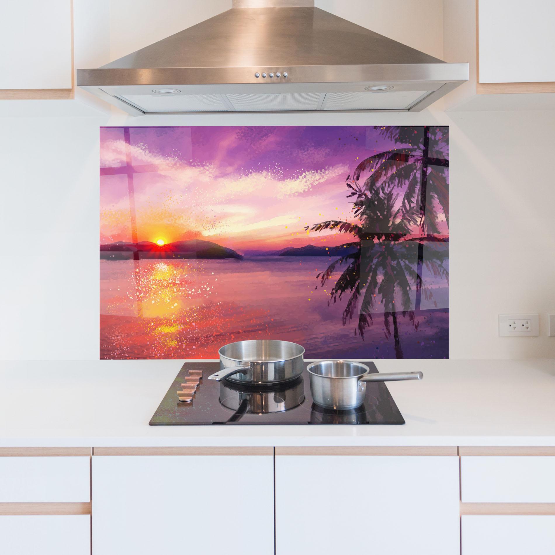 Küchenrückwand Glas Purple Sunrise Art mockup 5