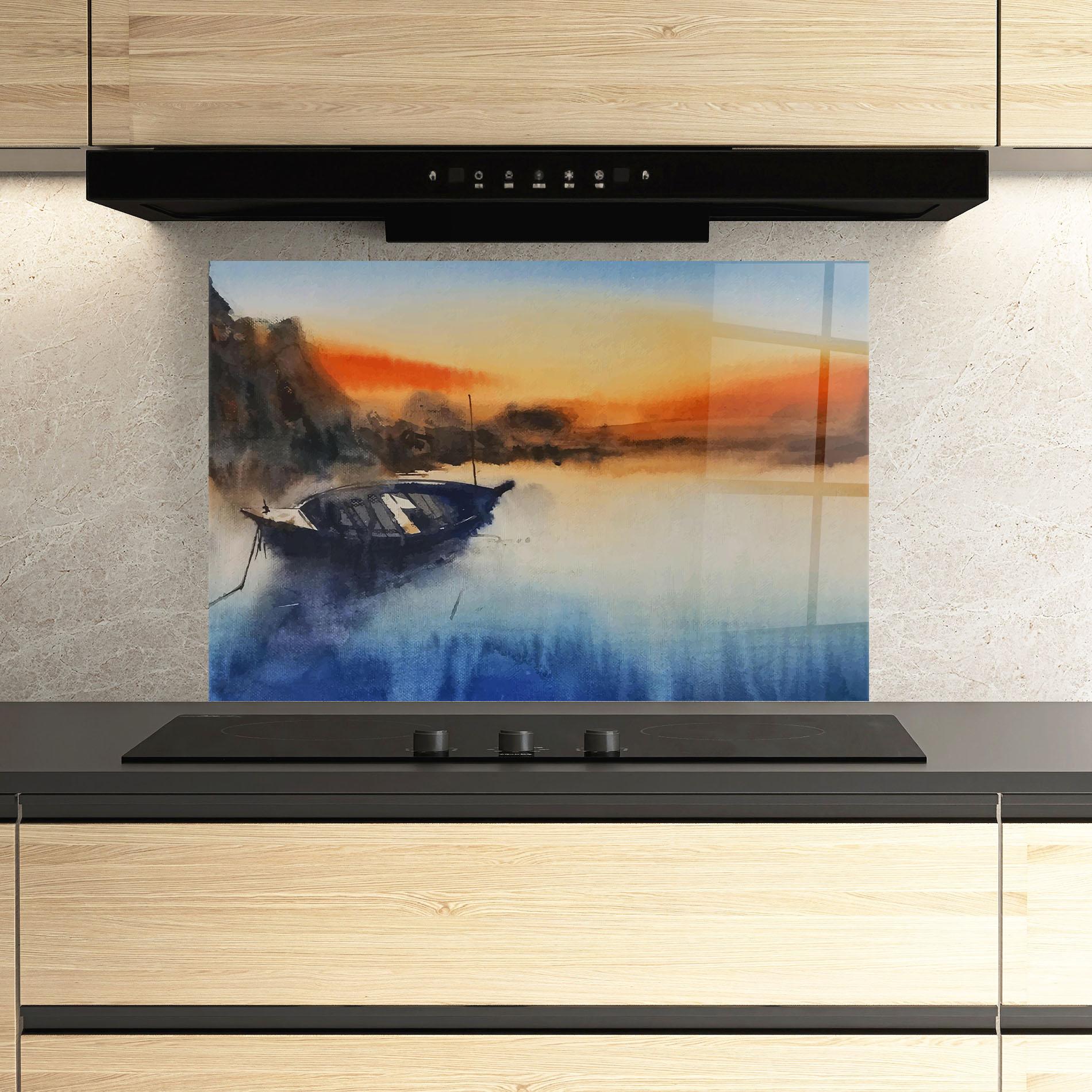 Küchenrückwand Glas Boat Sunset mockup 3