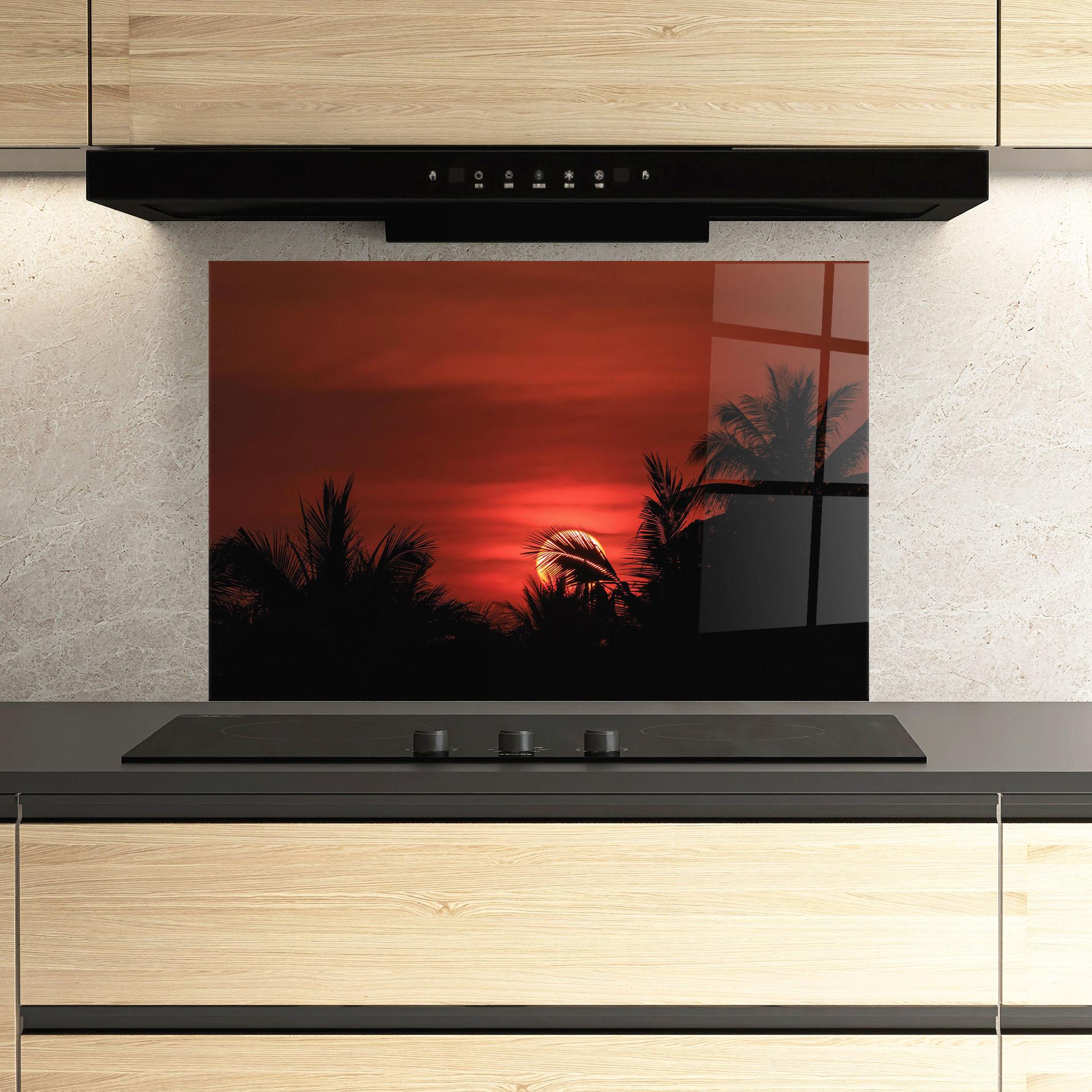 Küchenrückwand Glas Coconuts Tree Sunset mockup 3