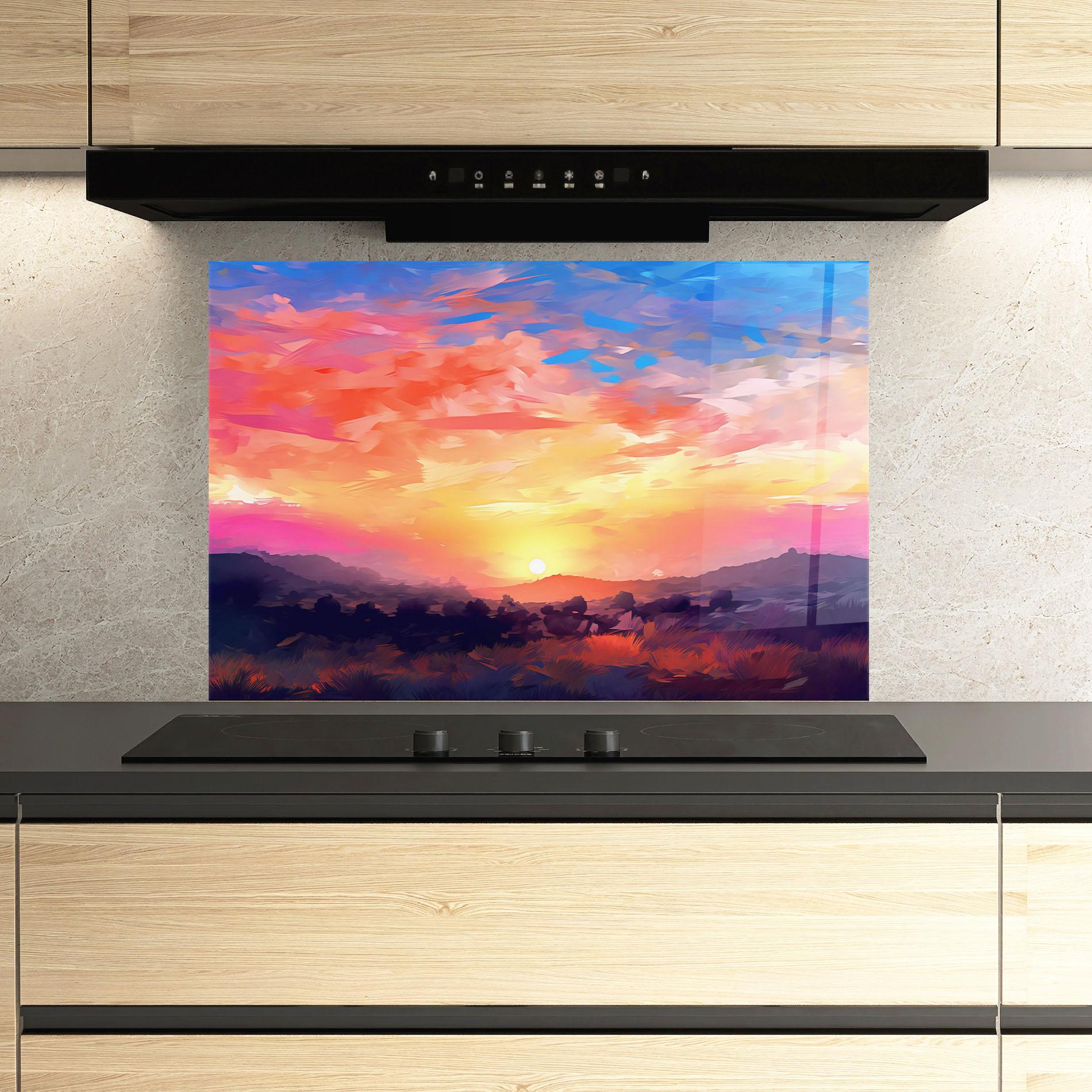 Küchenrückwand Glas Colorful Sunset Mountains mockup 3