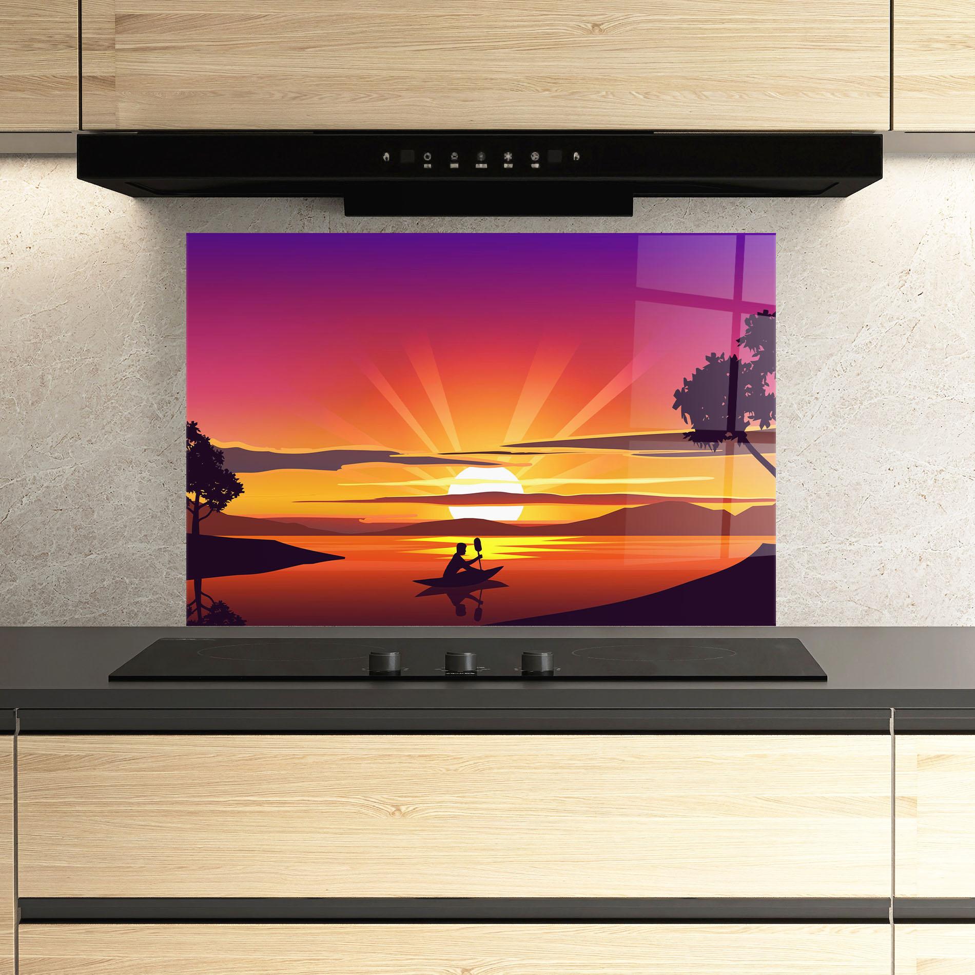 Küchenrückwand Glas Lake Camp Sunrise mockup 3