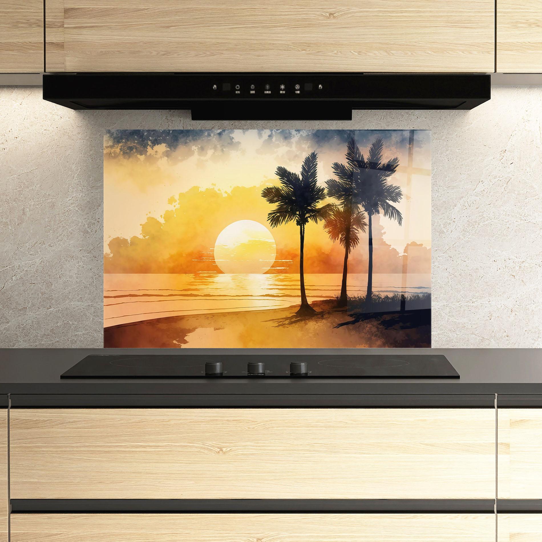 Küchenrückwand Glas Palm Trees Sunset mockup 3