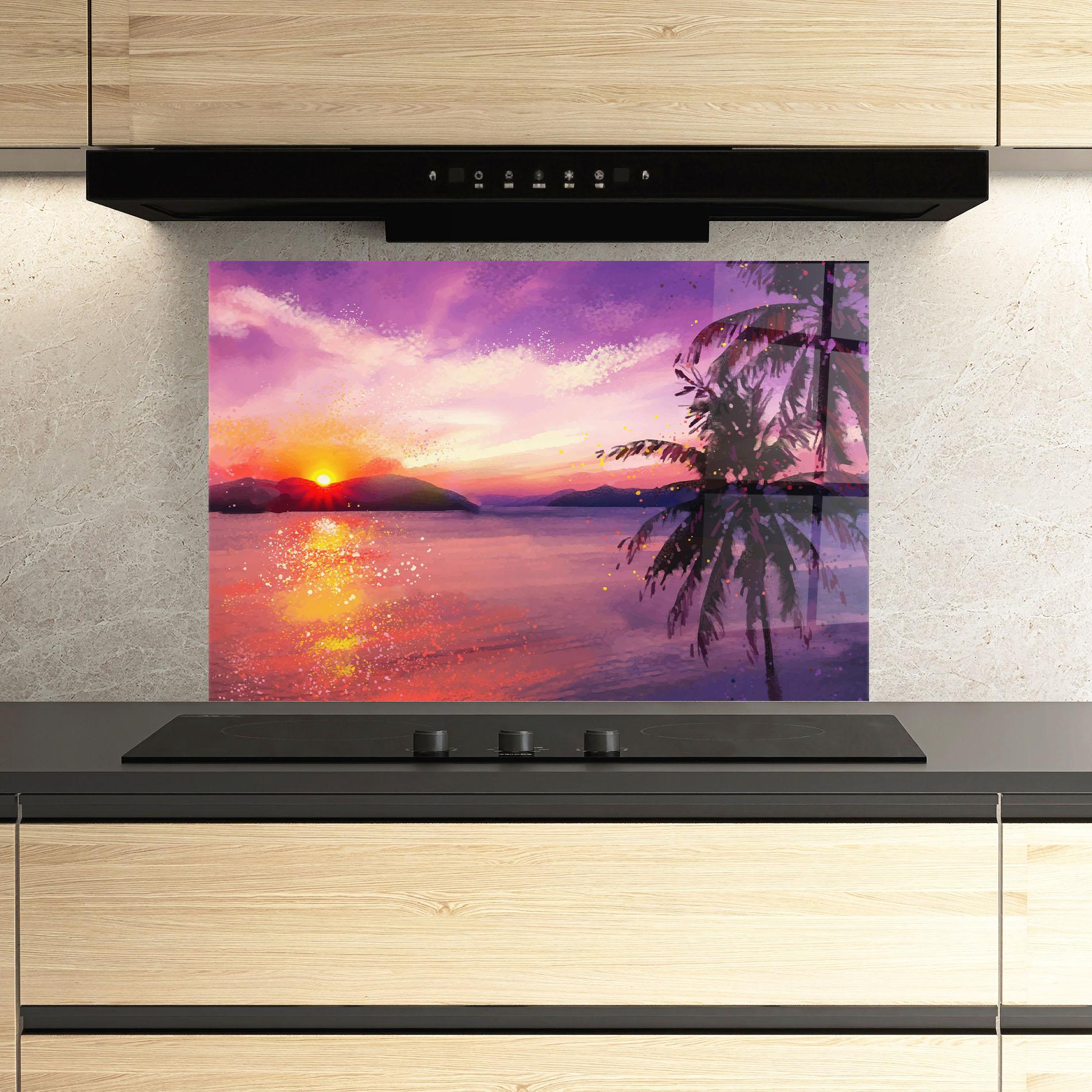 Küchenrückwand Glas Purple Sunrise Art mockup 3