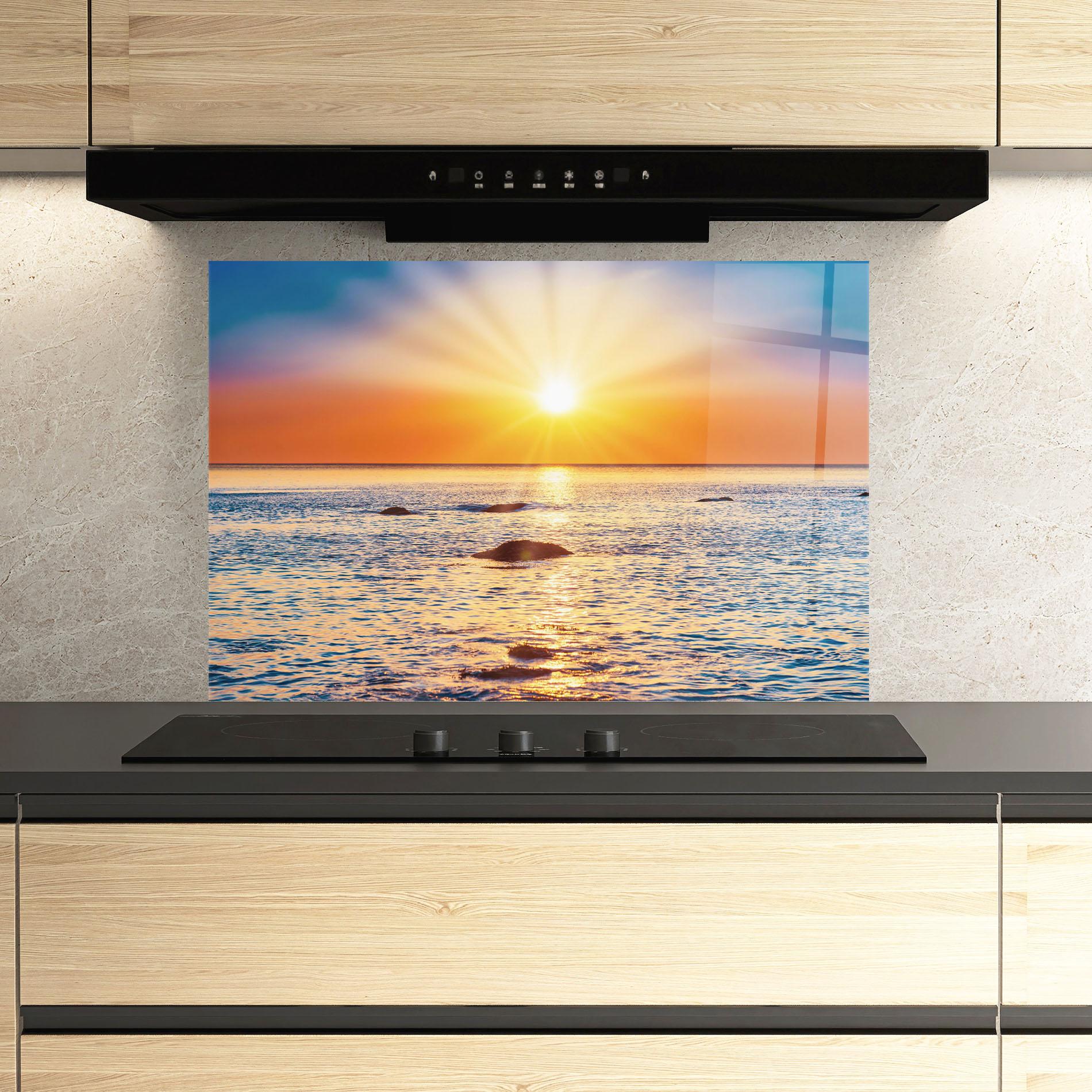 Küchenrückwand Glas Sunset Beach Rocks mockup 3