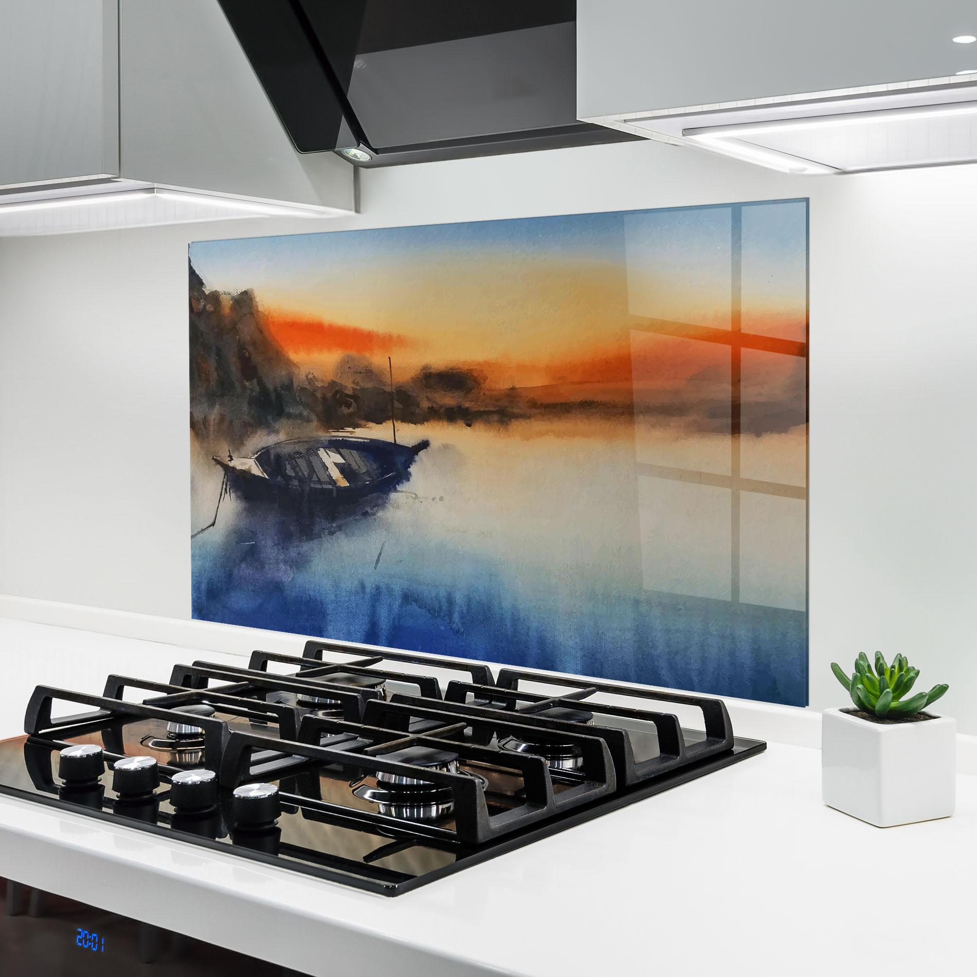 Küchenrückwand Glas Boat Sunset mockup 6
