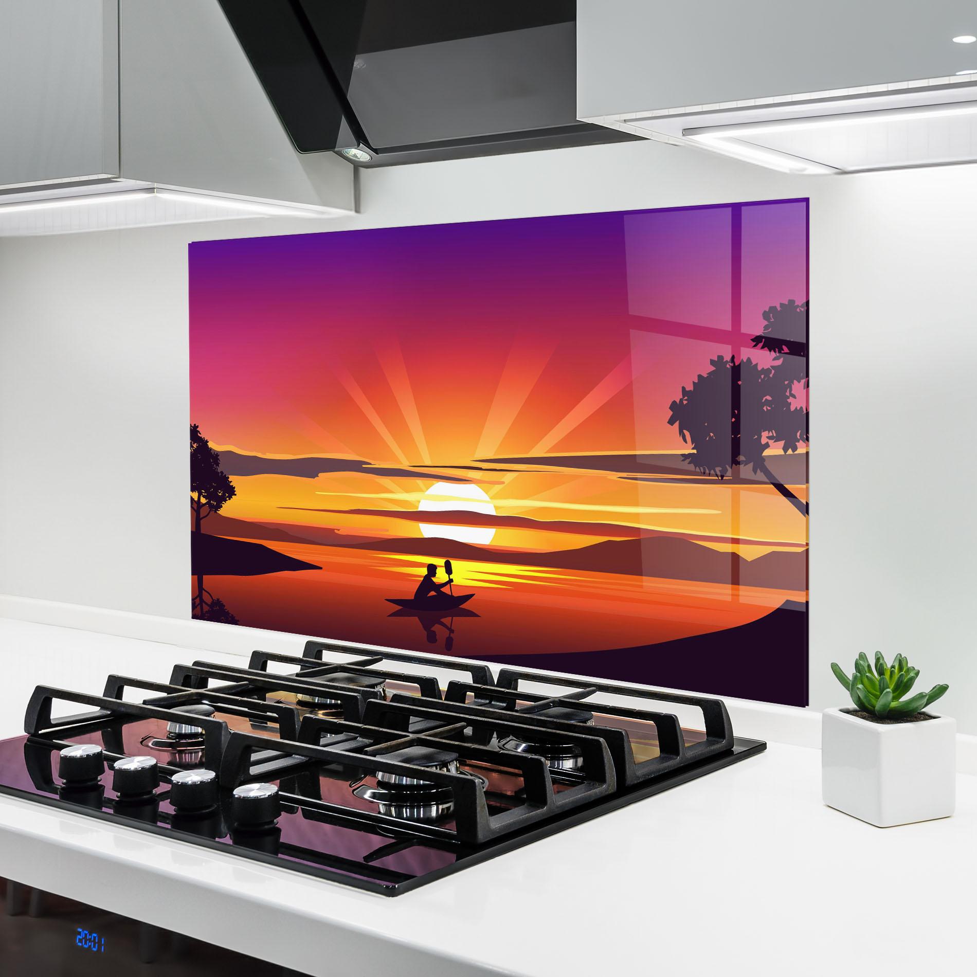 Küchenrückwand Glas Lake Camp Sunrise mockup 6