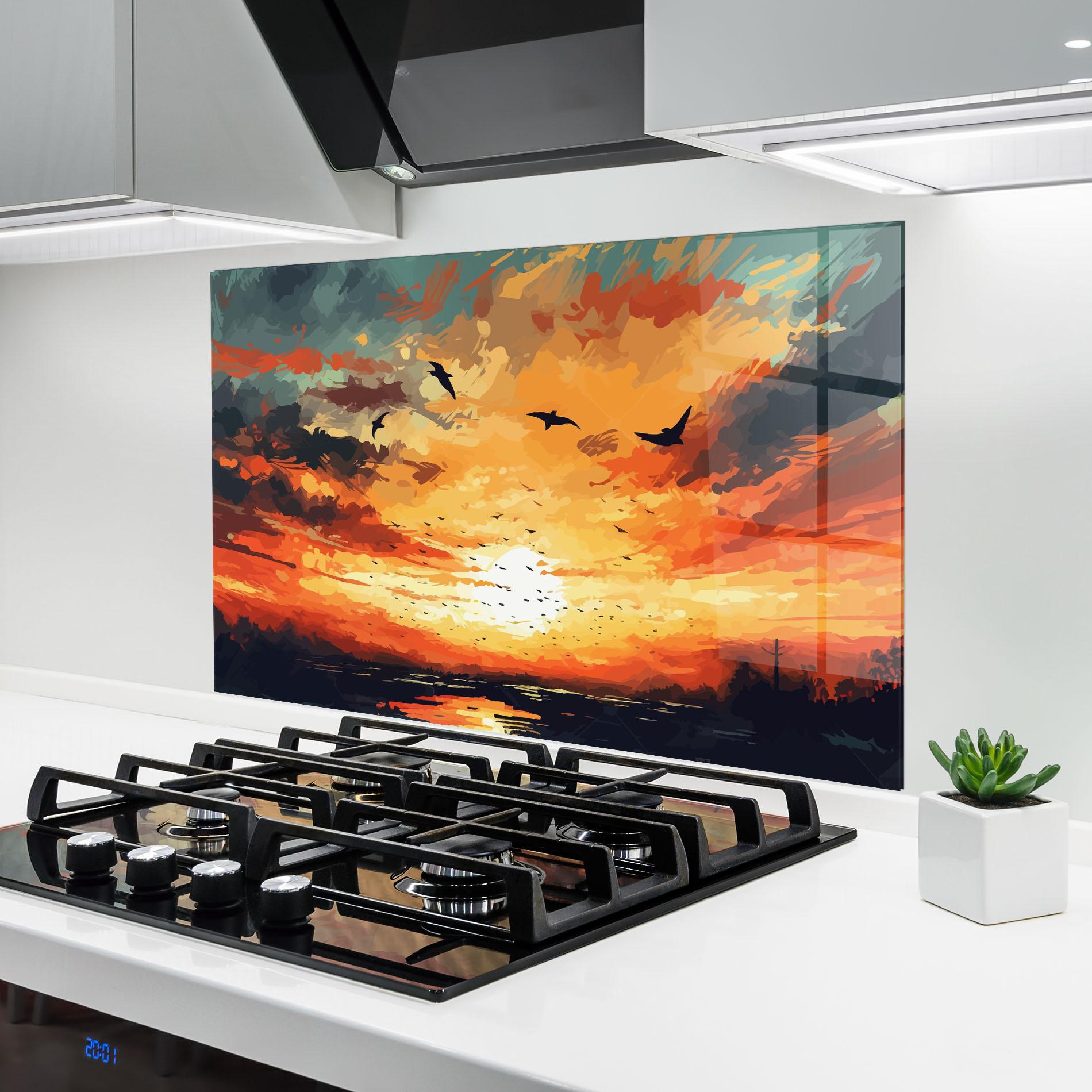 Küchenrückwand Glas Orange Green Sunset mockup 6
