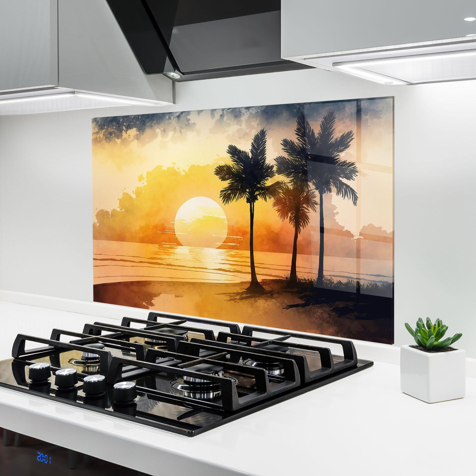 Küchenrückwand Glas Palm Trees Sunset mockup 6