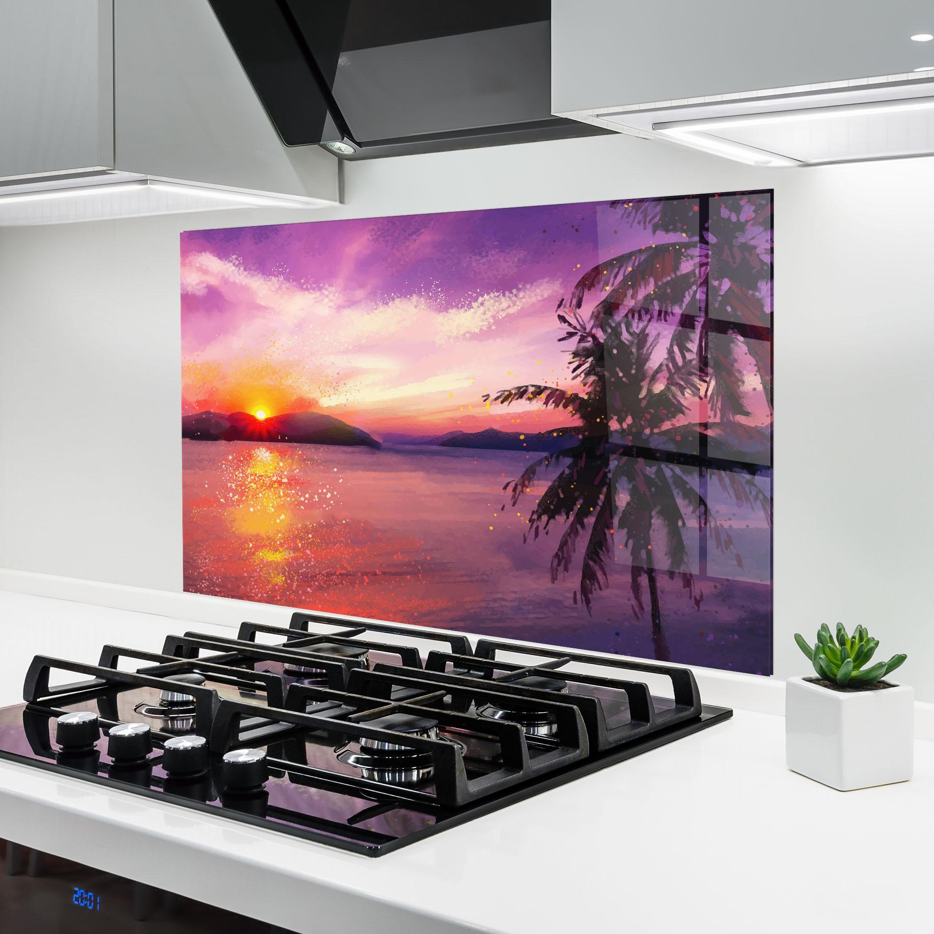Küchenrückwand Glas Purple Sunrise Art mockup 6