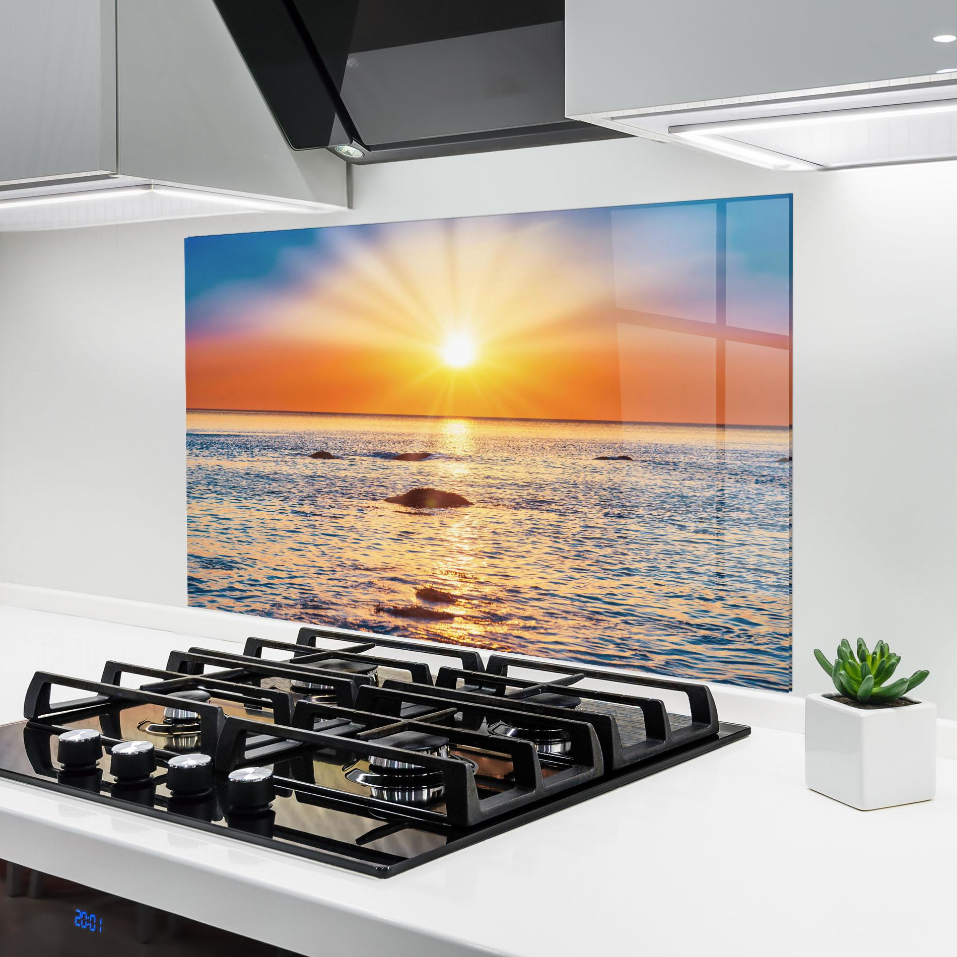 Küchenrückwand Glas Sunset Beach Rocks mockup 6