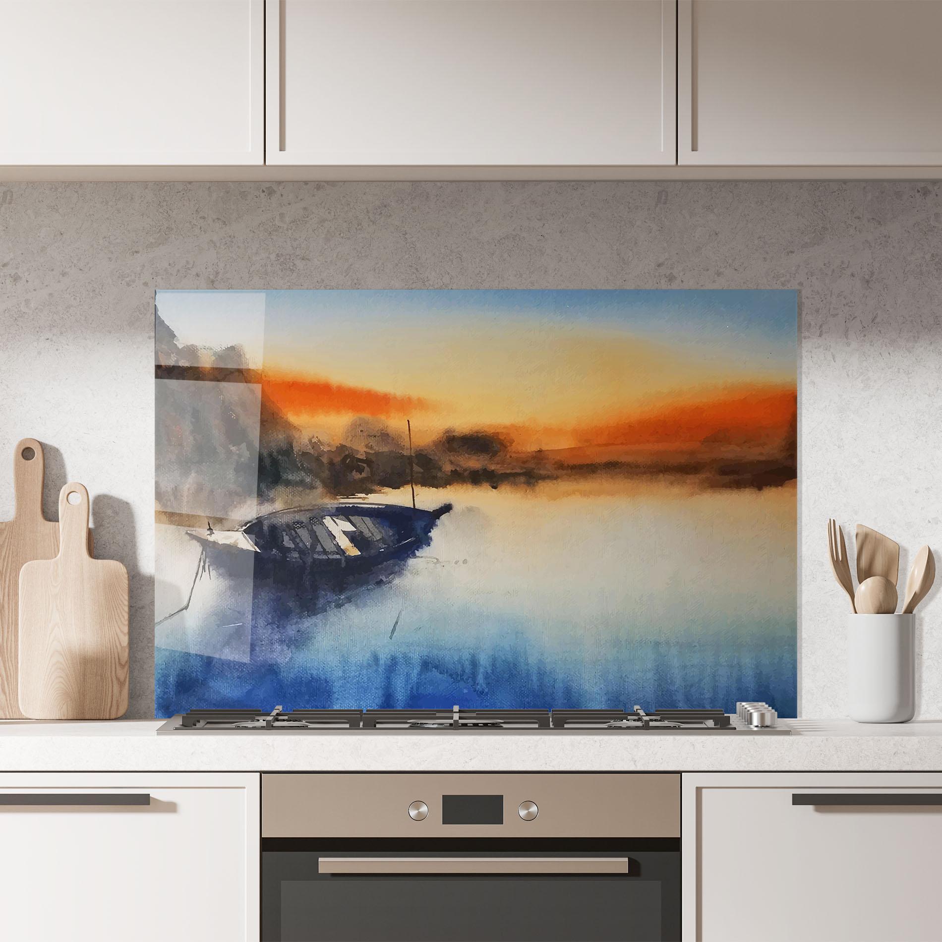Küchenrückwand Glas Boat Sunset mockup 7