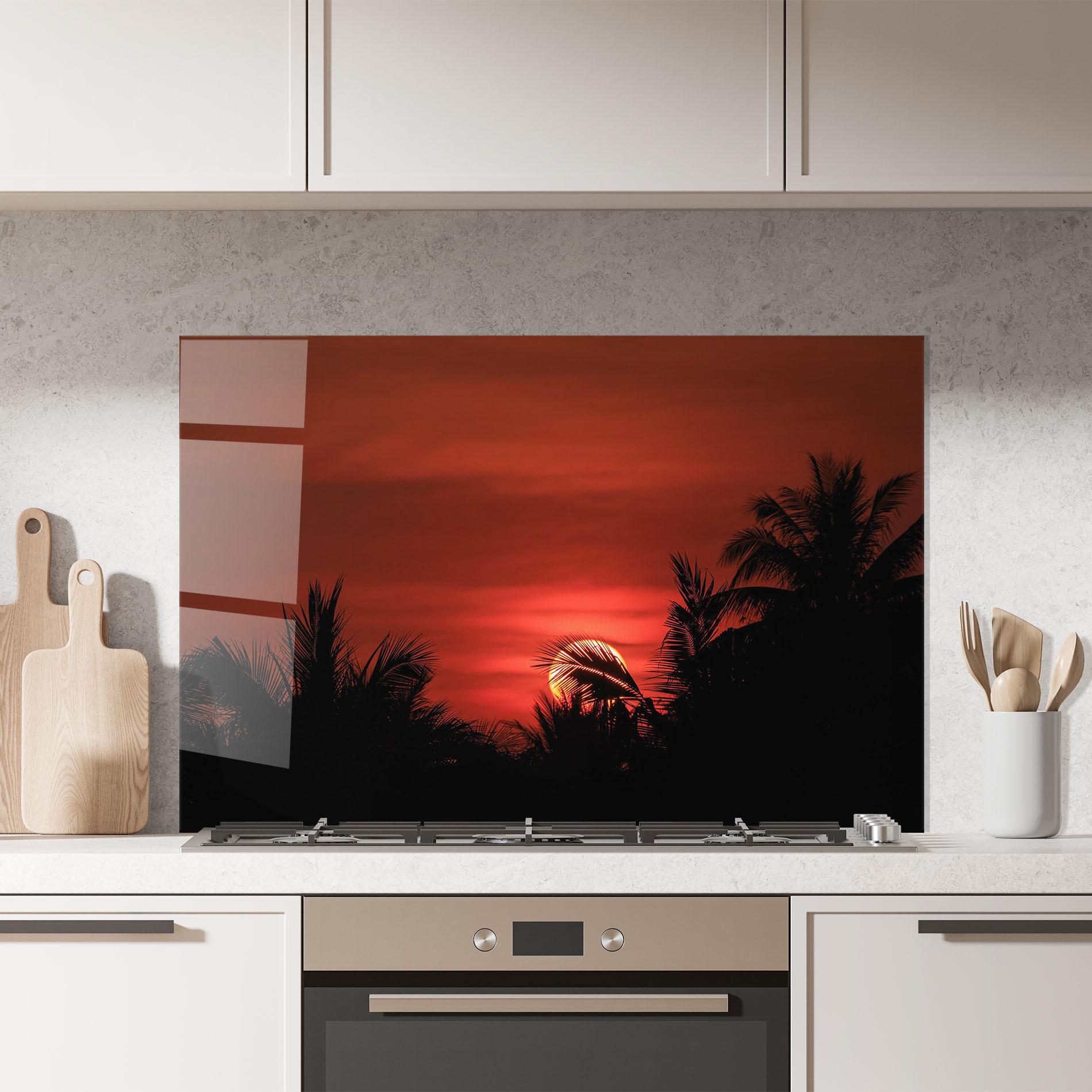 Küchenrückwand Glas Coconuts Tree Sunset mockup 7