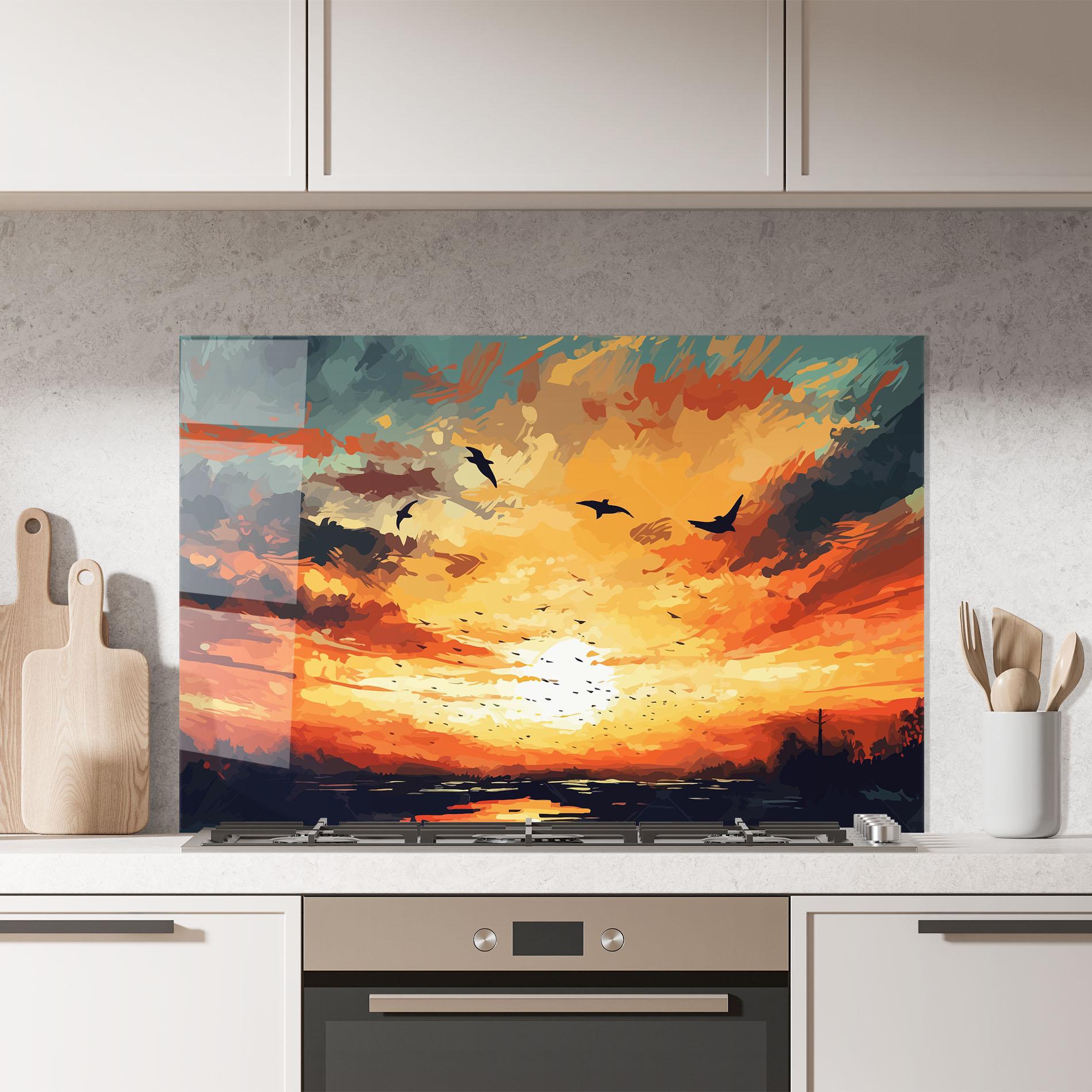 Küchenrückwand Glas Orange Green Sunset mockup 7