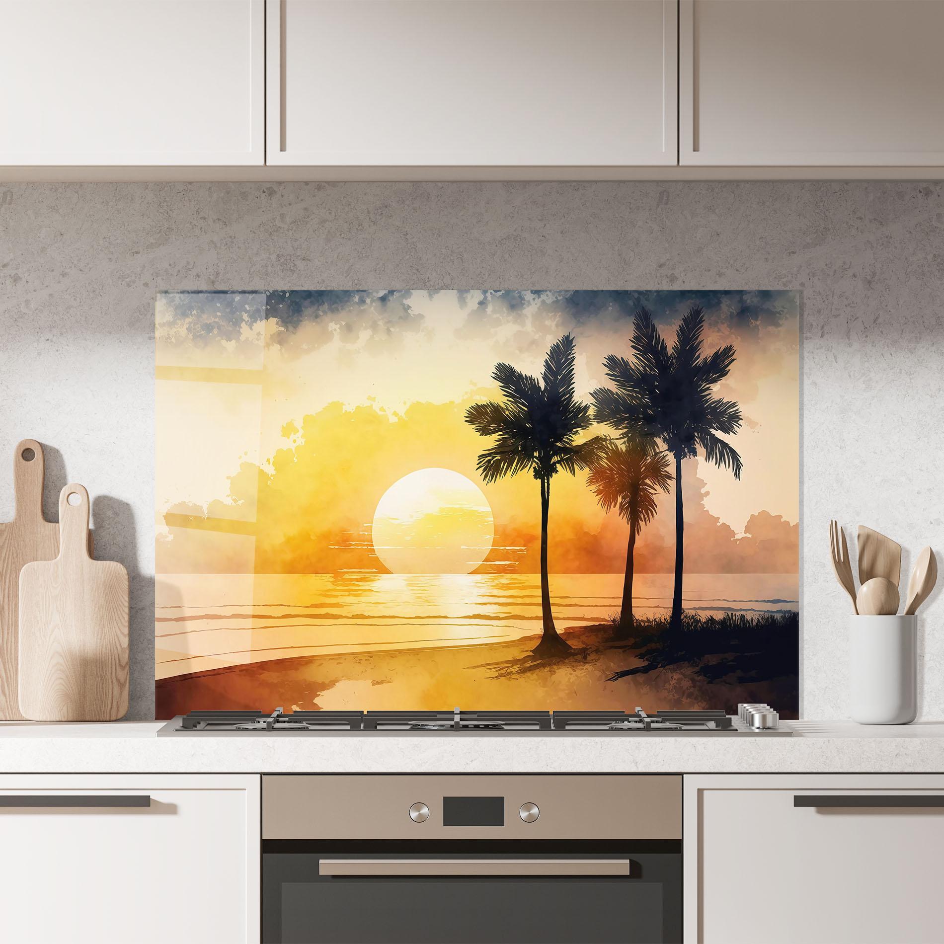 Küchenrückwand Glas Palm Trees Sunset mockup 7