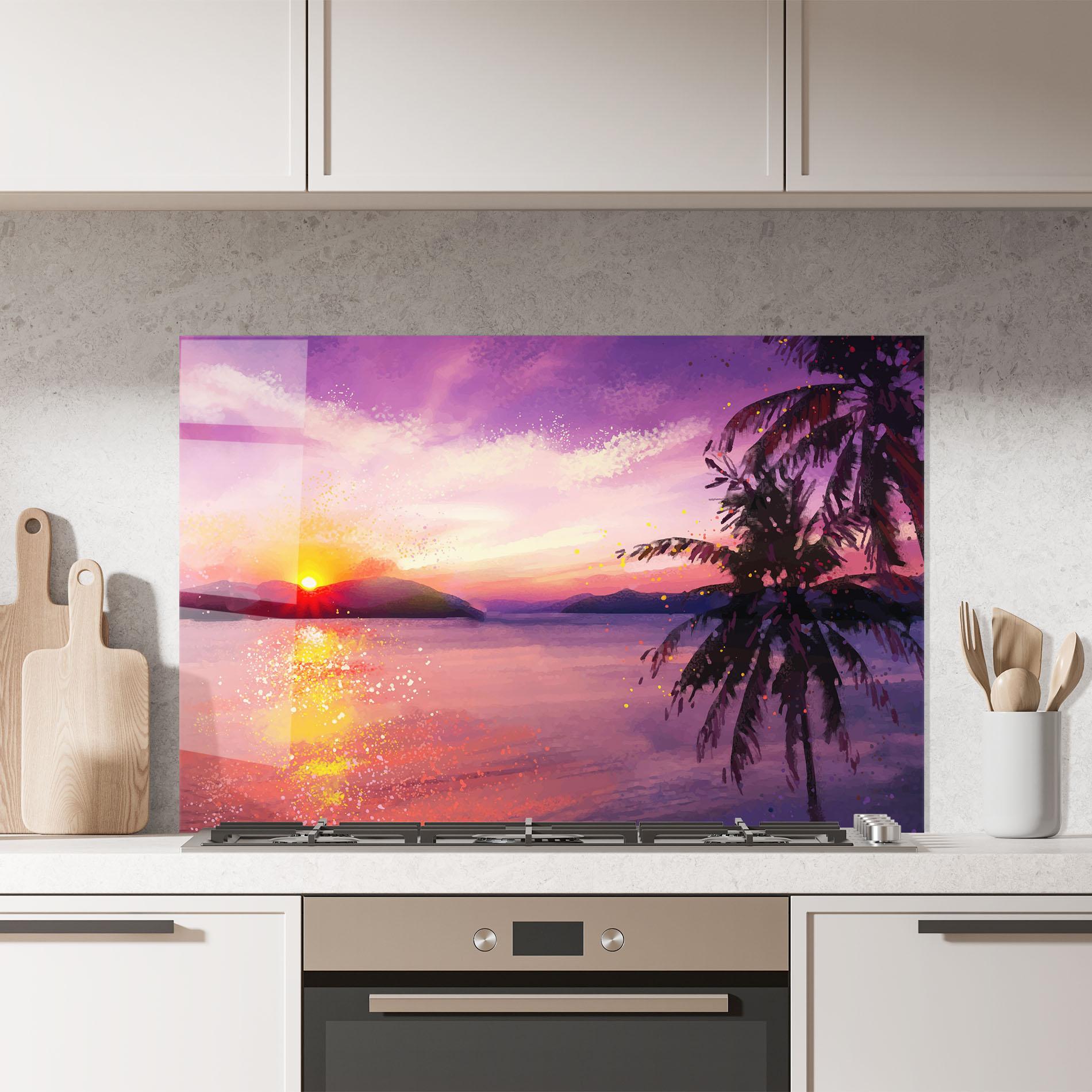 Küchenrückwand Glas Purple Sunrise Art mockup 7