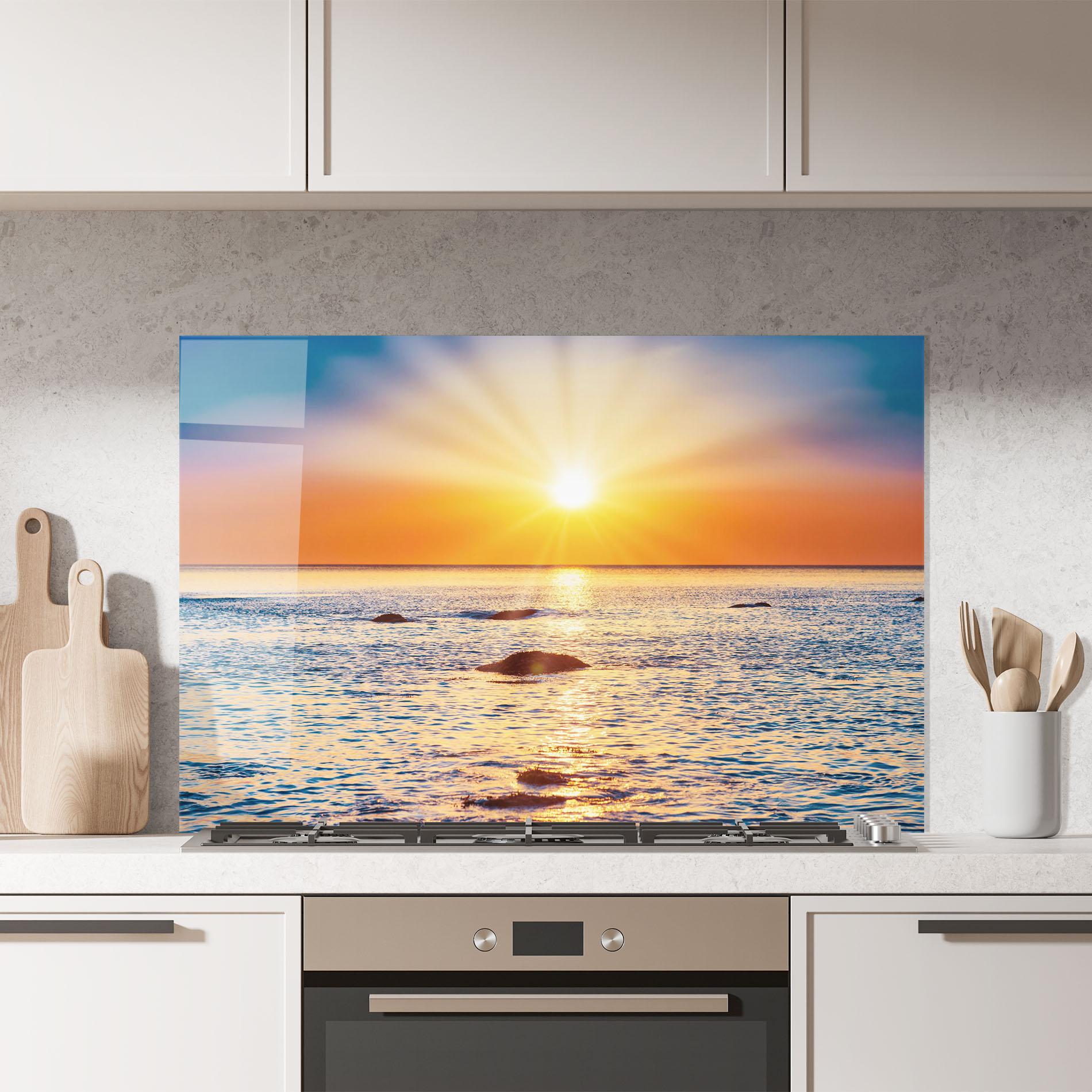 Küchenrückwand Glas Sunset Beach Rocks mockup 7