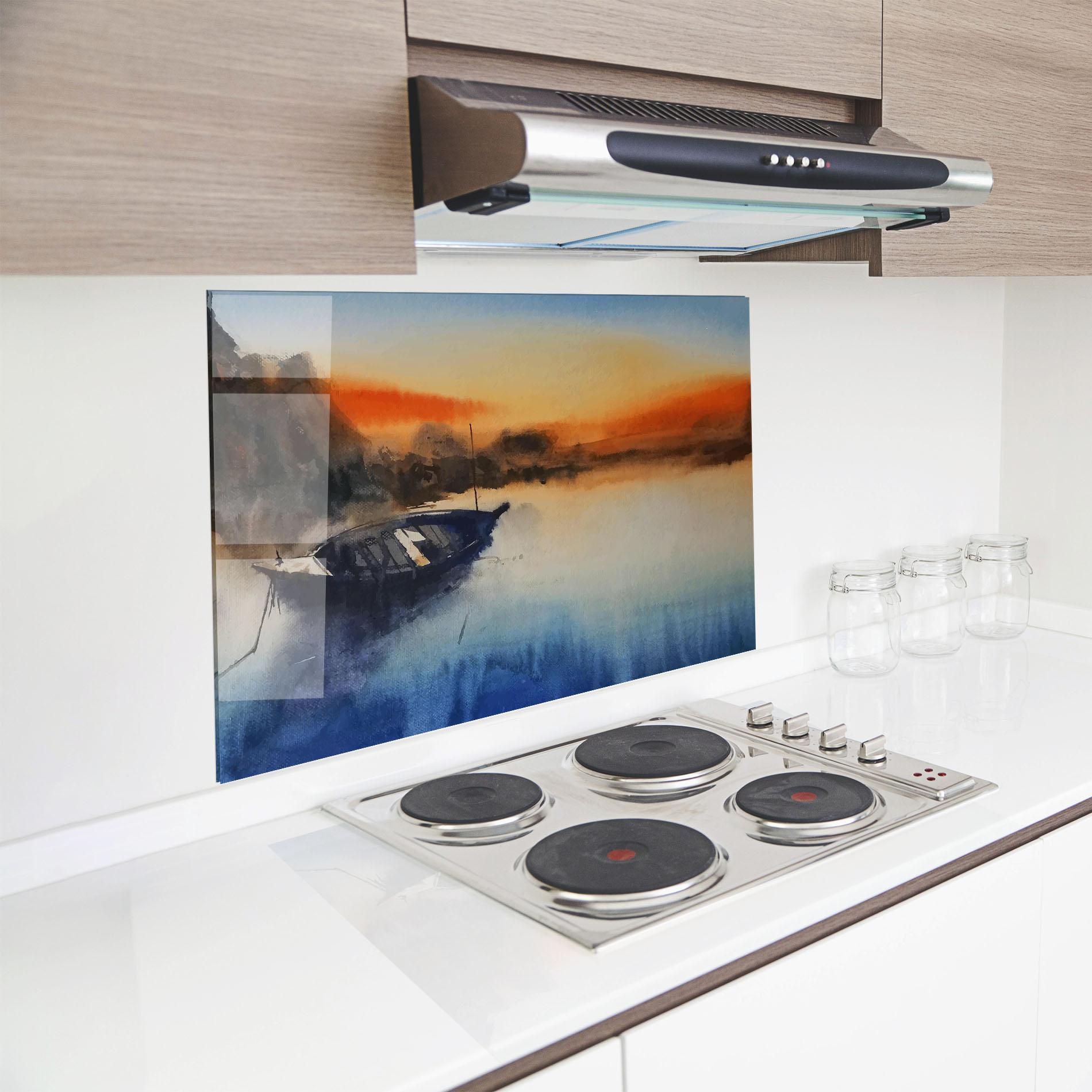 Küchenrückwand Glas Boat Sunset mockup 8