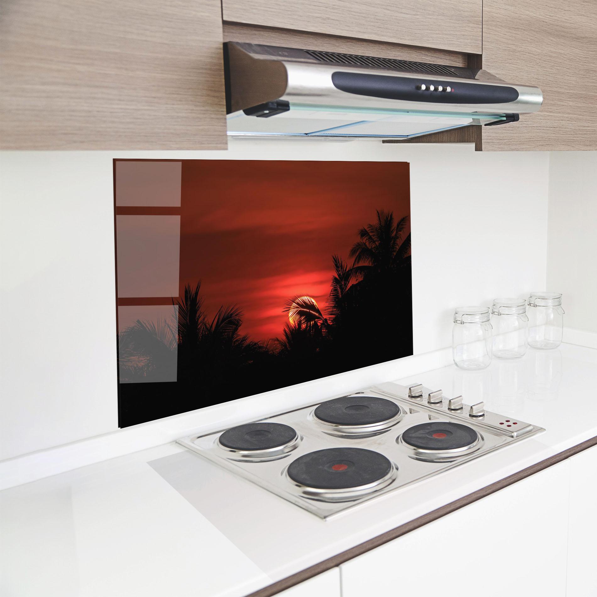 Küchenrückwand Glas Coconuts Tree Sunset mockup 8