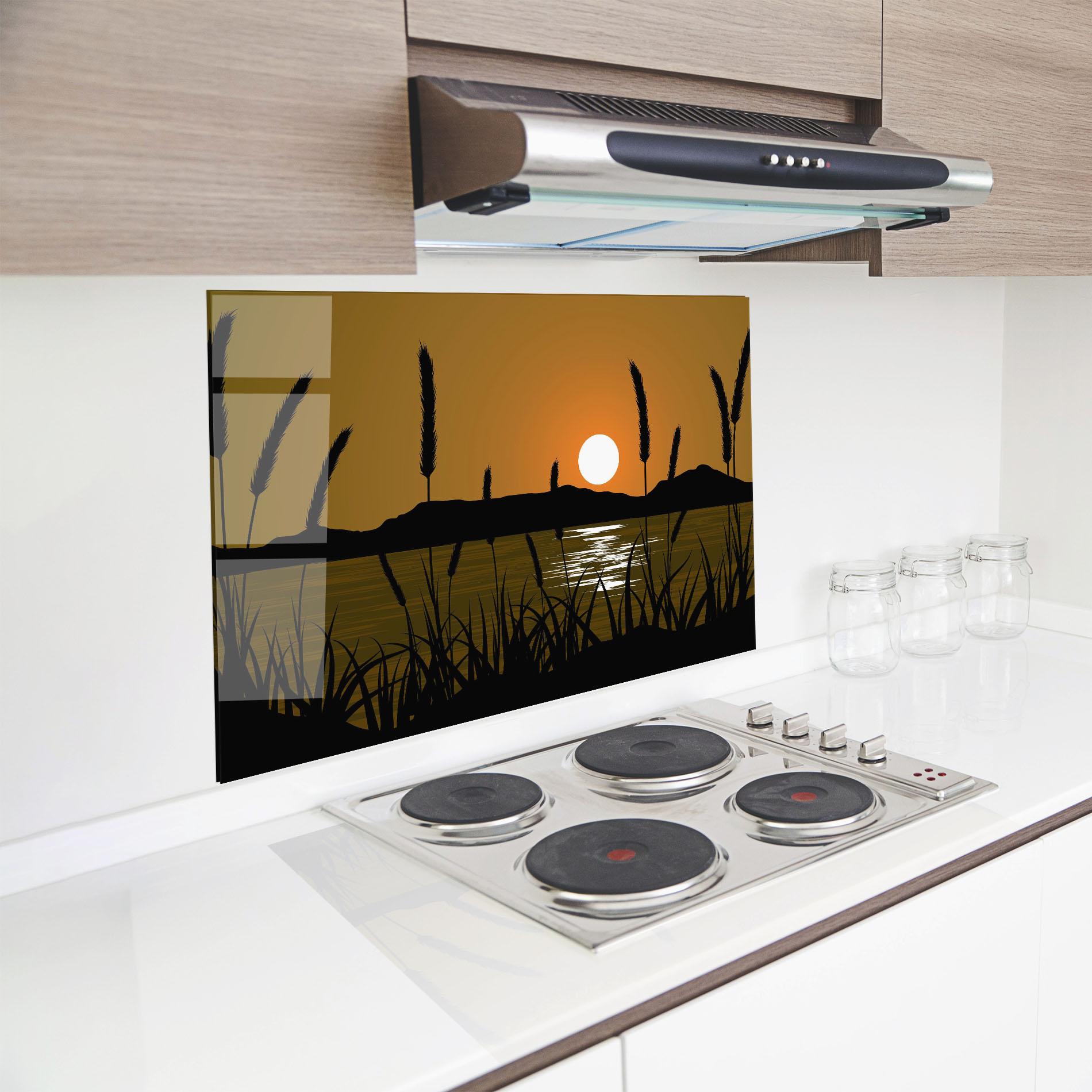 Küchenrückwand Glas Orange Brown Sunset mockup 8