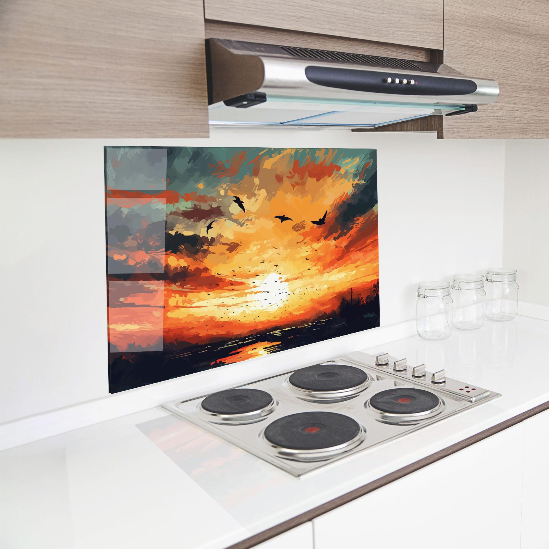 Küchenrückwand Glas Orange Green Sunset mockup 8