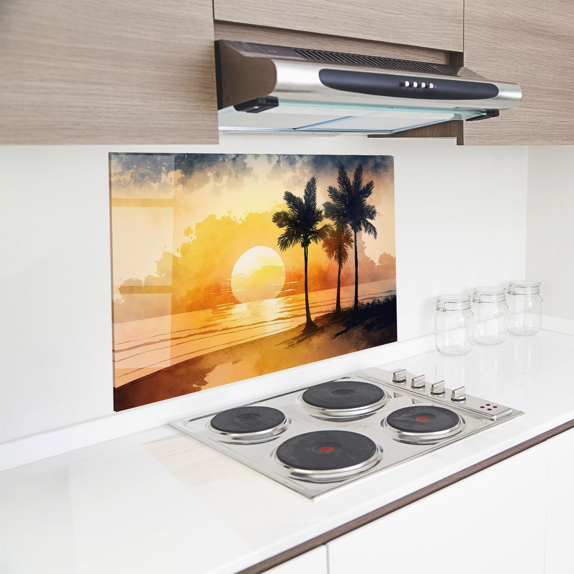 Küchenrückwand Glas Palm Trees Sunset mockup 8