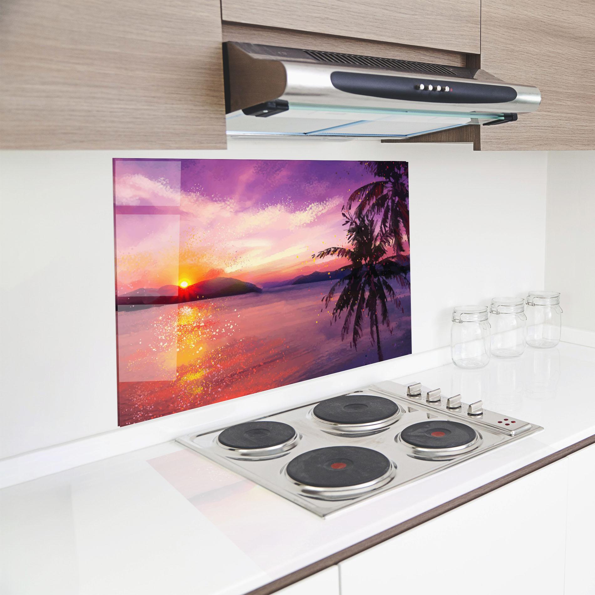 Küchenrückwand Glas Purple Sunrise Art mockup 8