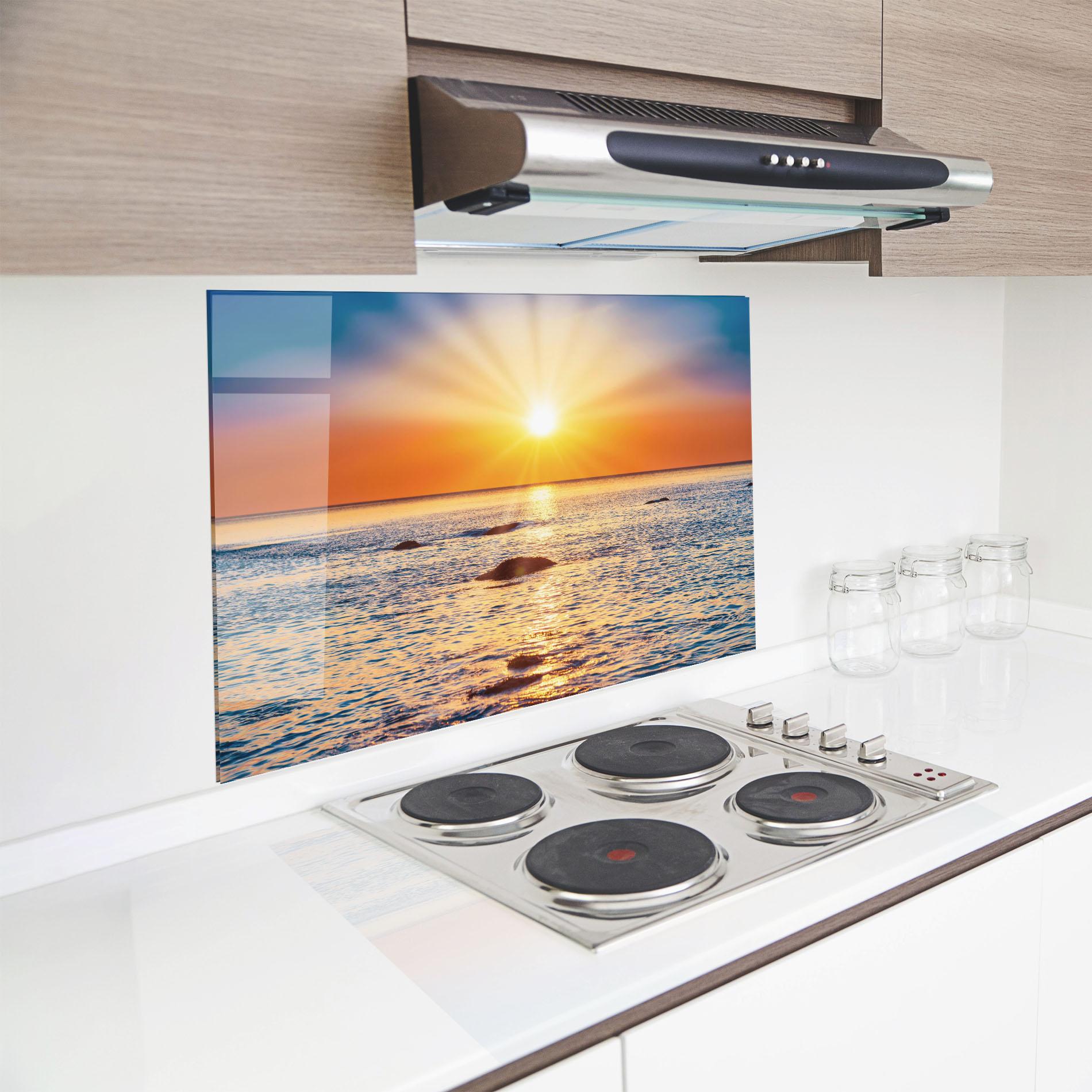 Küchenrückwand Glas Sunset Beach Rocks mockup 8