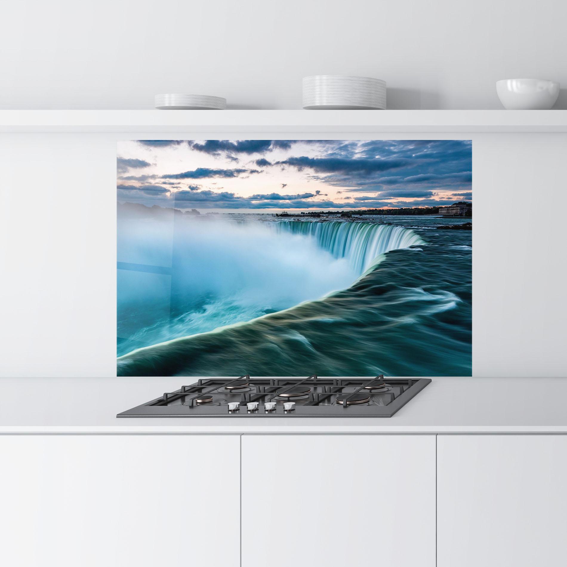 Küchenrückwand Glas Blue Dreamy Waterfall mockup 9