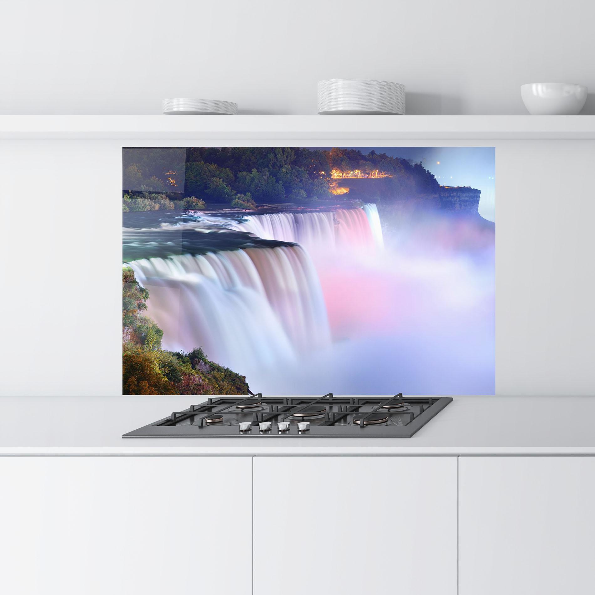 Küchenrückwand Glas Dreamy Purple Waterfall mockup 9