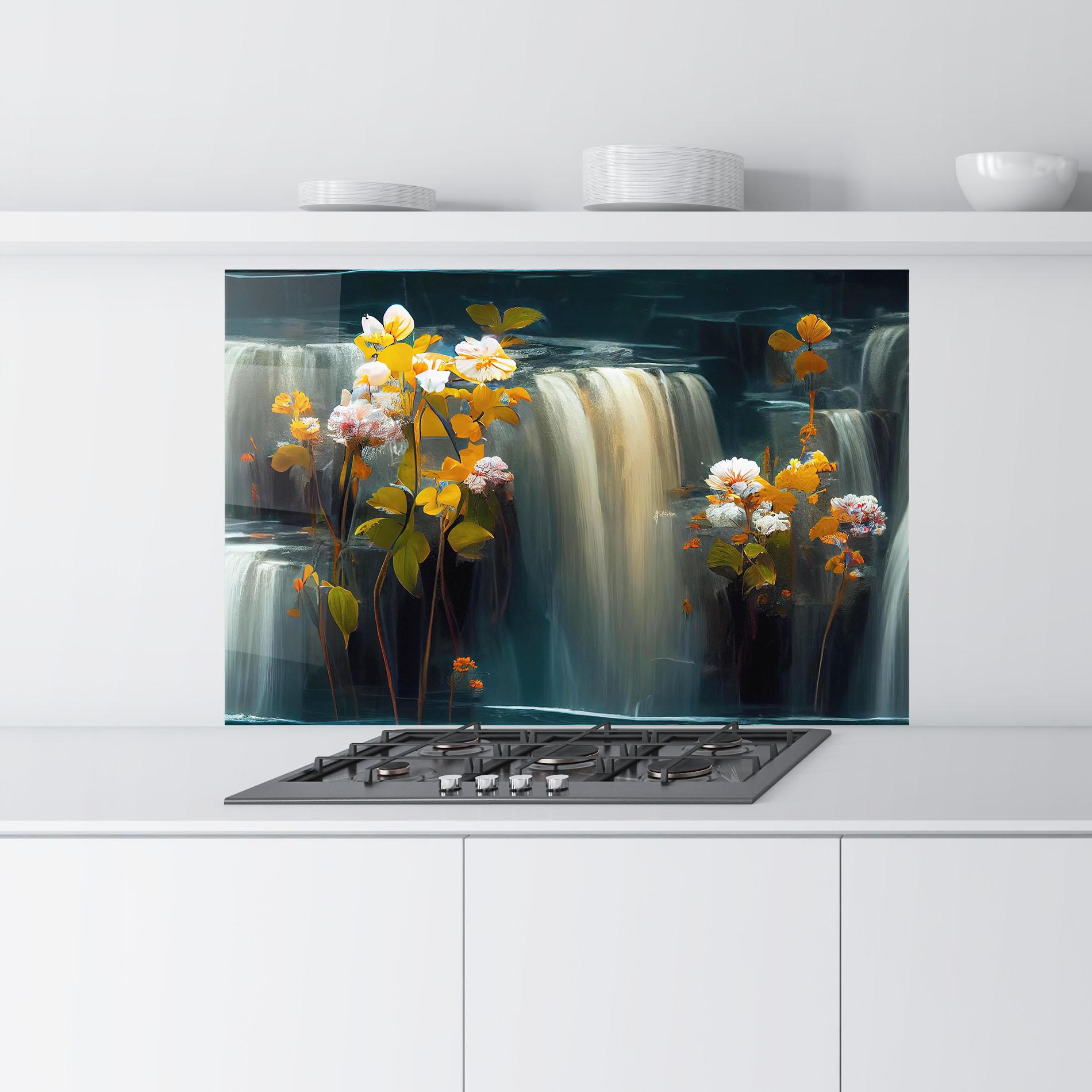Küchenrückwand Glas Flowers Waterfall mockup 9