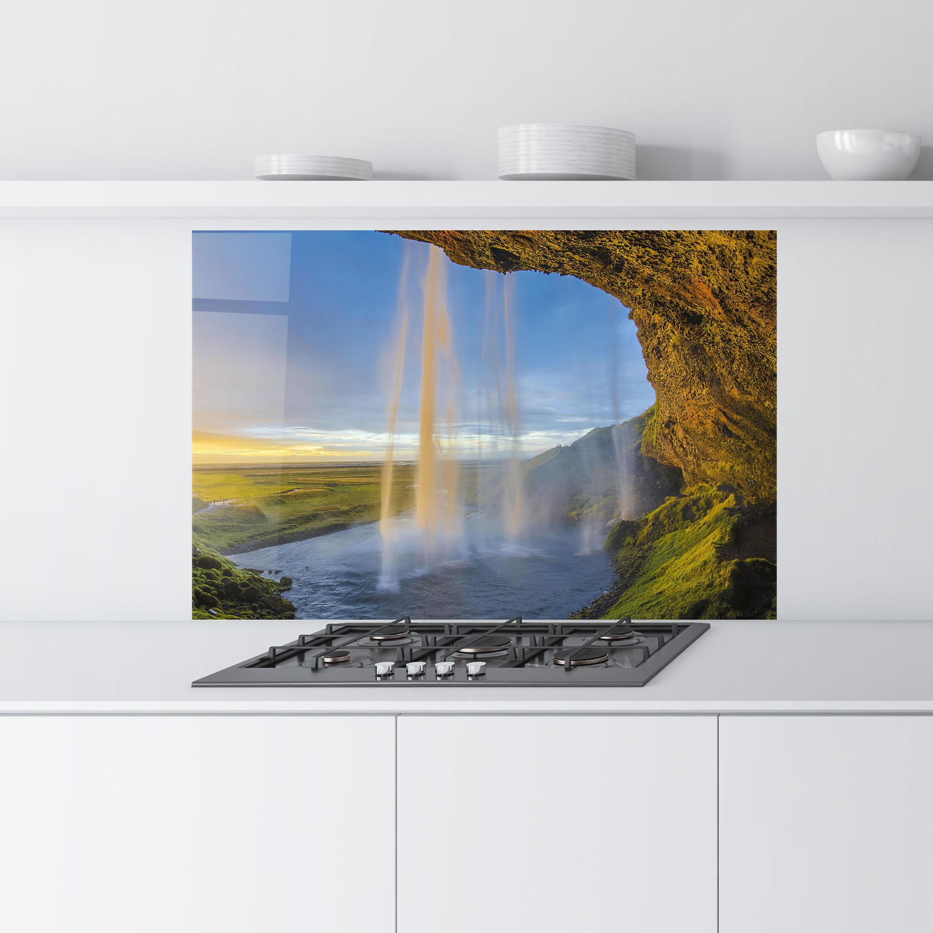 Küchenrückwand Glas Orange Waterfall mockup 9