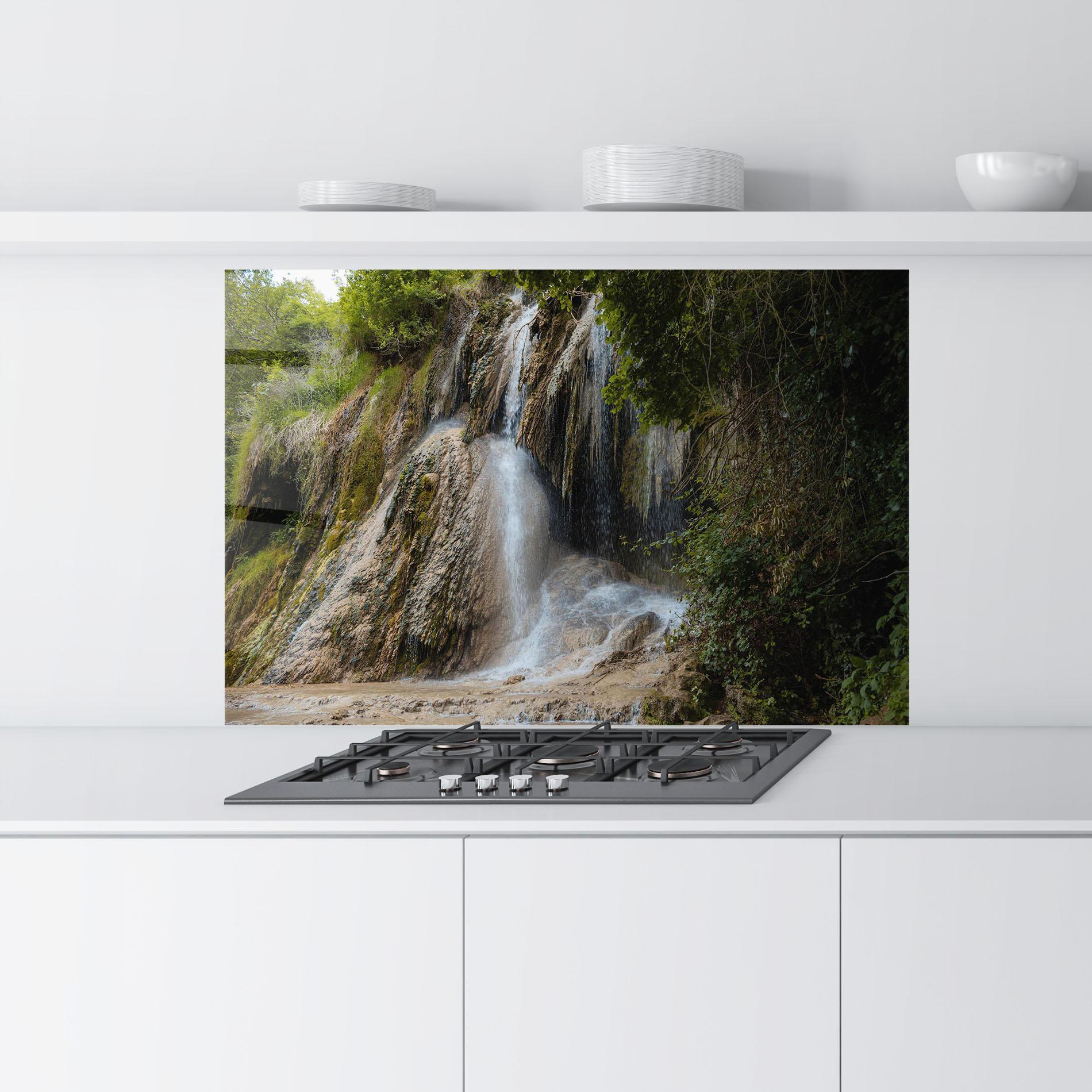 Küchenrückwand Glas Pretty Waterfall Forest mockup 9
