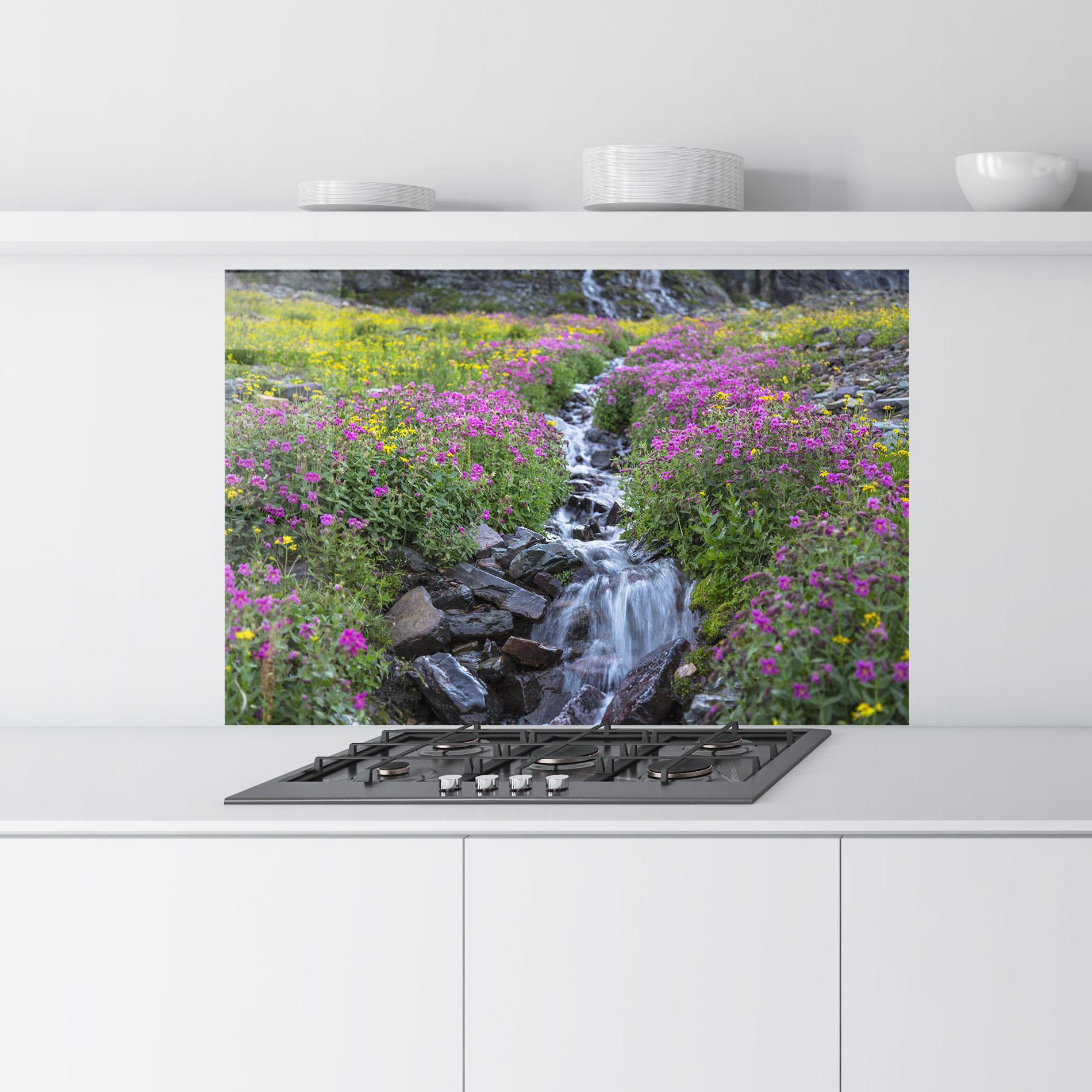 Küchenrückwand Glas Purple Field Waterfall mockup 9