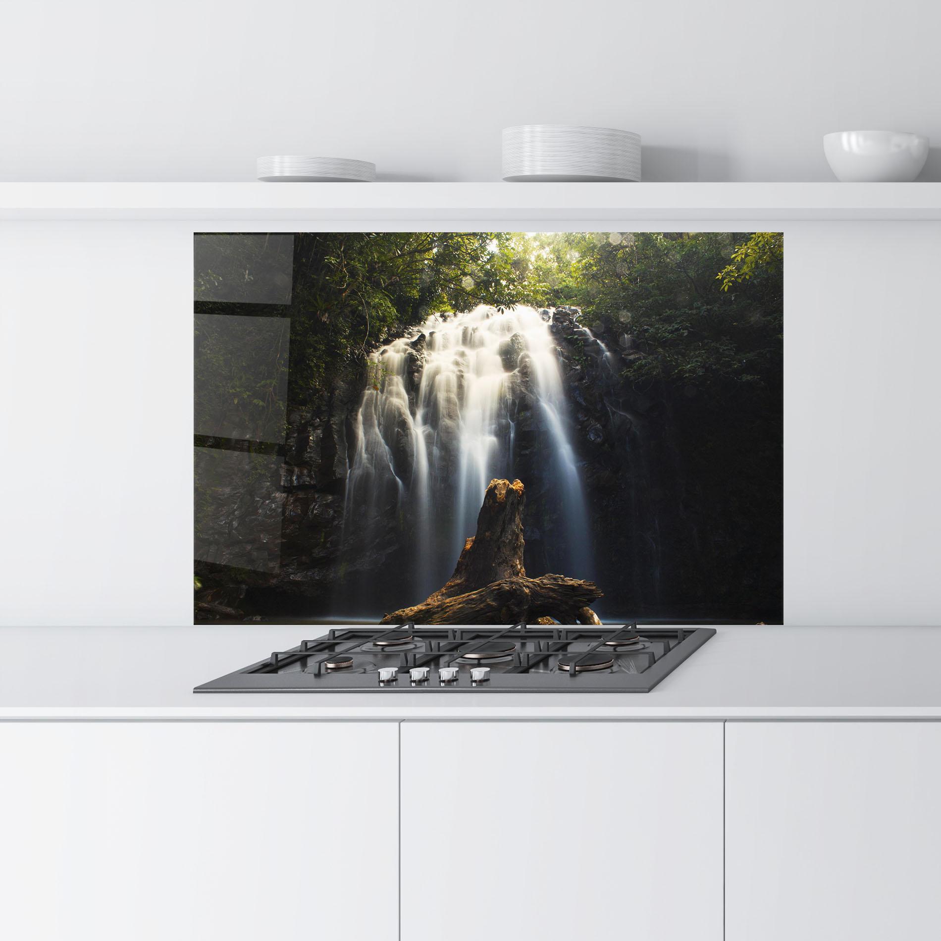Küchenrückwand Glas Tree Log Waterfall mockup 9
