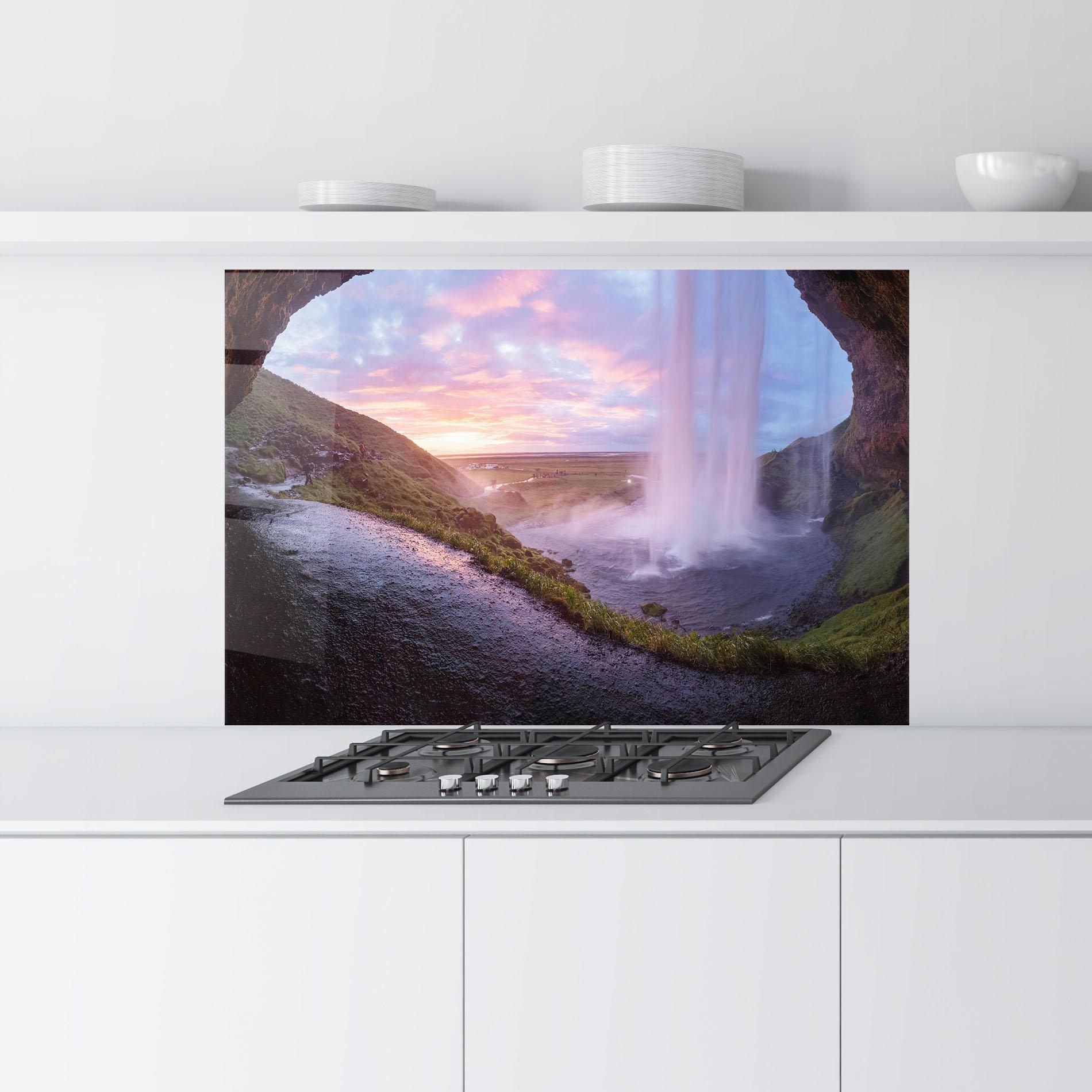 Küchenrückwand Glas Waterfall From Cave View mockup 9