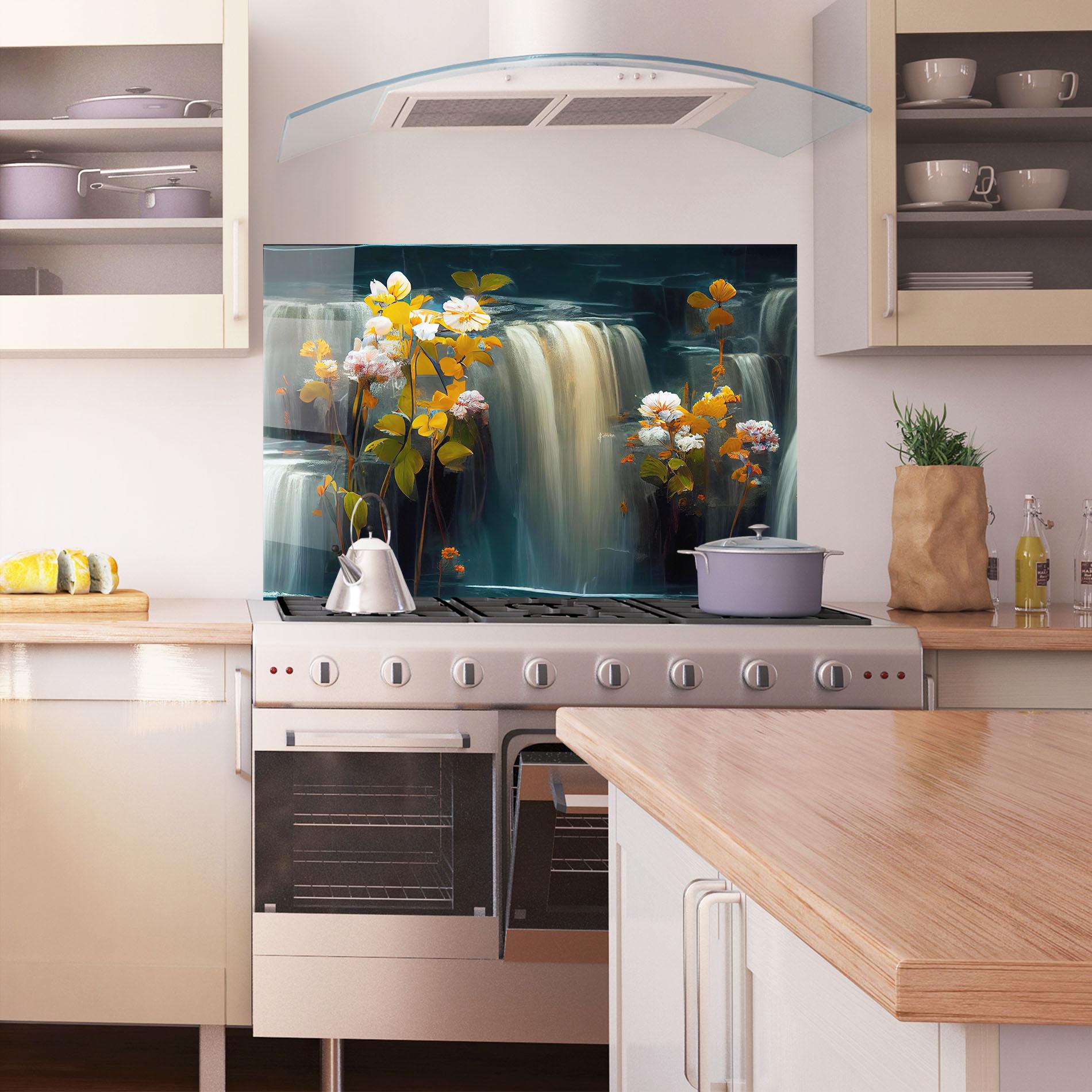 Küchenrückwand Glas Flowers Waterfall mockup 1
